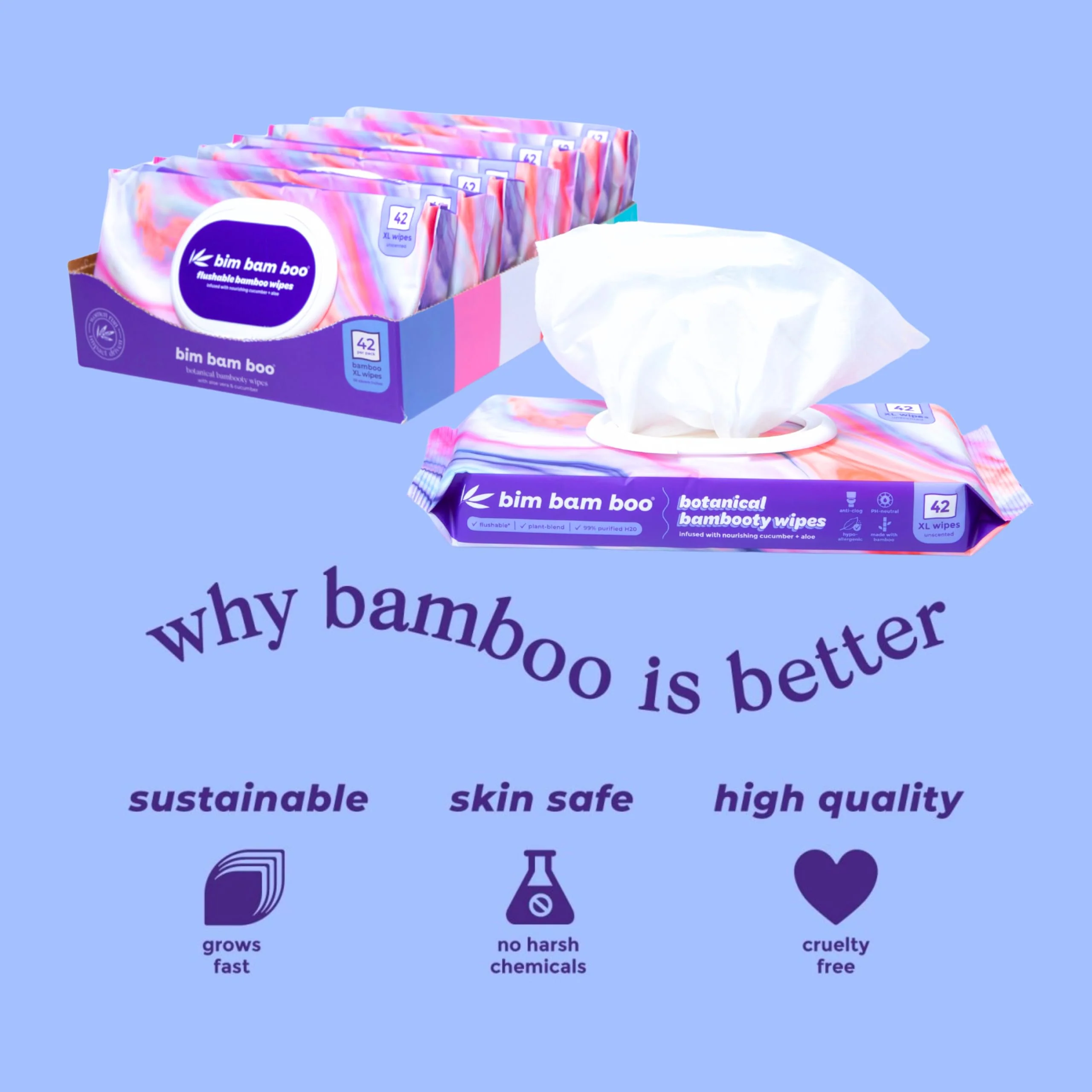 Bim Bam Boo | Flushable Wet Wipes | 100% Plant Based | Extra-Large Size Durable Bamboo | Body Safe, Smooth on Skin, Hypoallergenic | 42 Wipes Per Pouch - 8 Pouches | 366 Total Wipes - Image 7