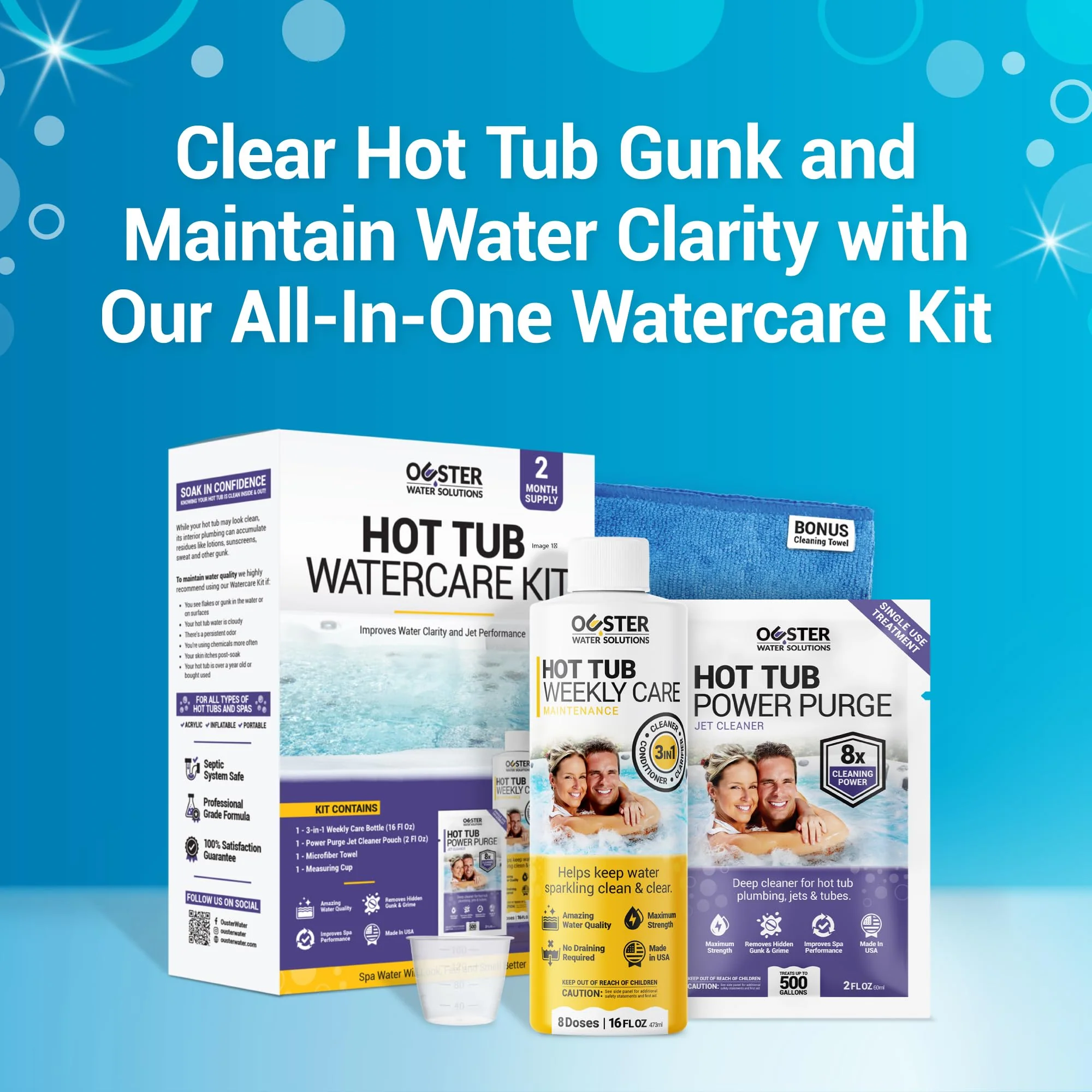 Bio Ouster Hot Tub Chemicals Kit Complete Hot Tub Cleaner Kit with 3in1 Weekly Care, Power Purge Jet Cleaner, Towel, Measuring Cup for Standard and Inflatable Spas Made in USA - Image 4