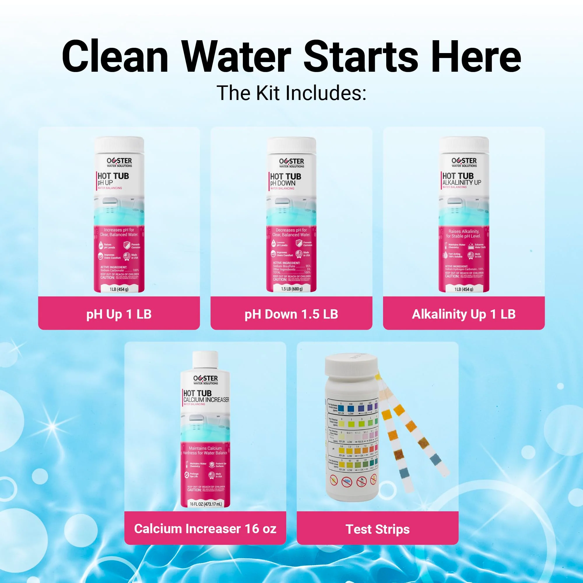 Bio Ouster Hot Tub Water Balancing Kit – Spa pH Up, pH Down, Alkalinity Increaser, Calcium Hardness Increaser & Test Strips – Spa Chemicals Starter Kit for Inflatable & Acrylic Hot Tubs – Made in USA - Image 9