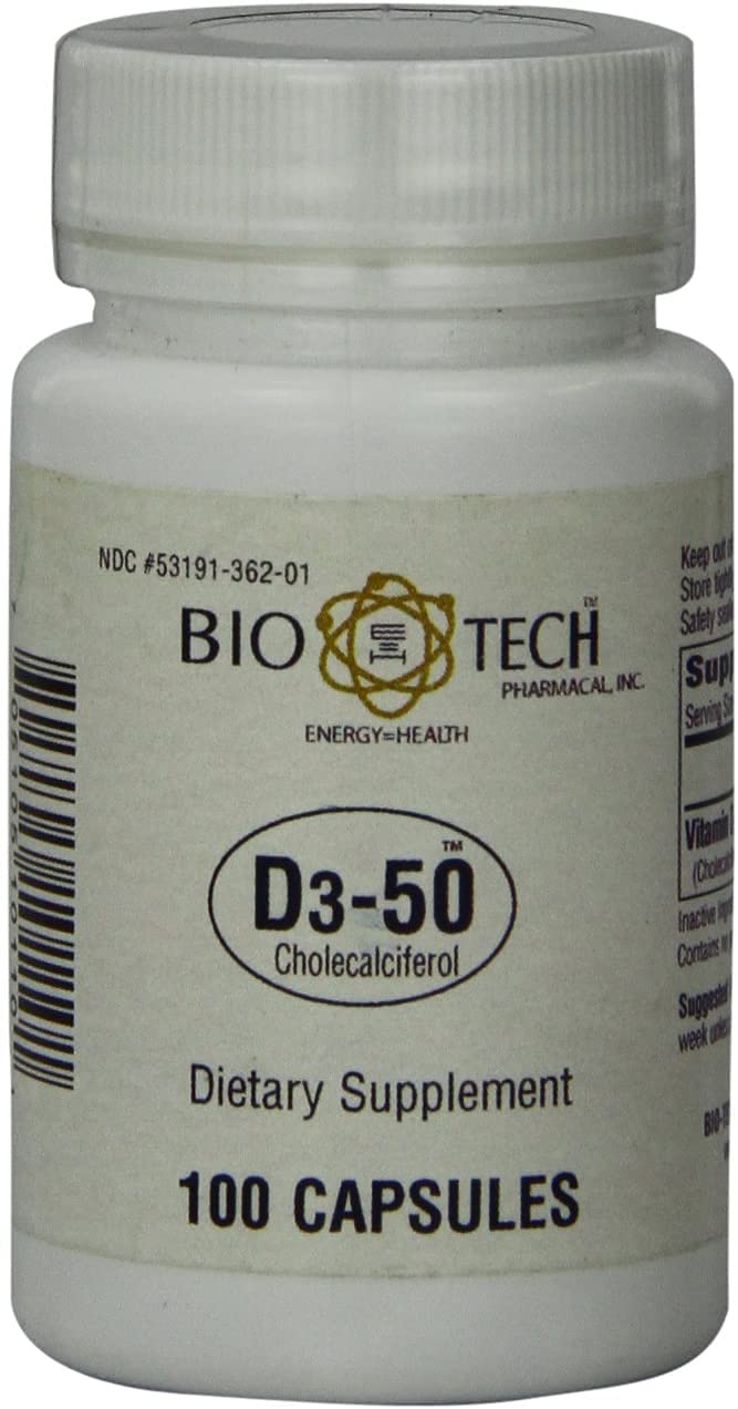 Bio-Tech Pharmacal D3-50 50,000 IU, 100 Capsules Ð All-Natural Supplement Ð Supports Bone, Heart Neuromuscular, & Immune Health Ð No Dairy, Fish, Gluten, Peanut, Shellfish, & Soy - Image 2