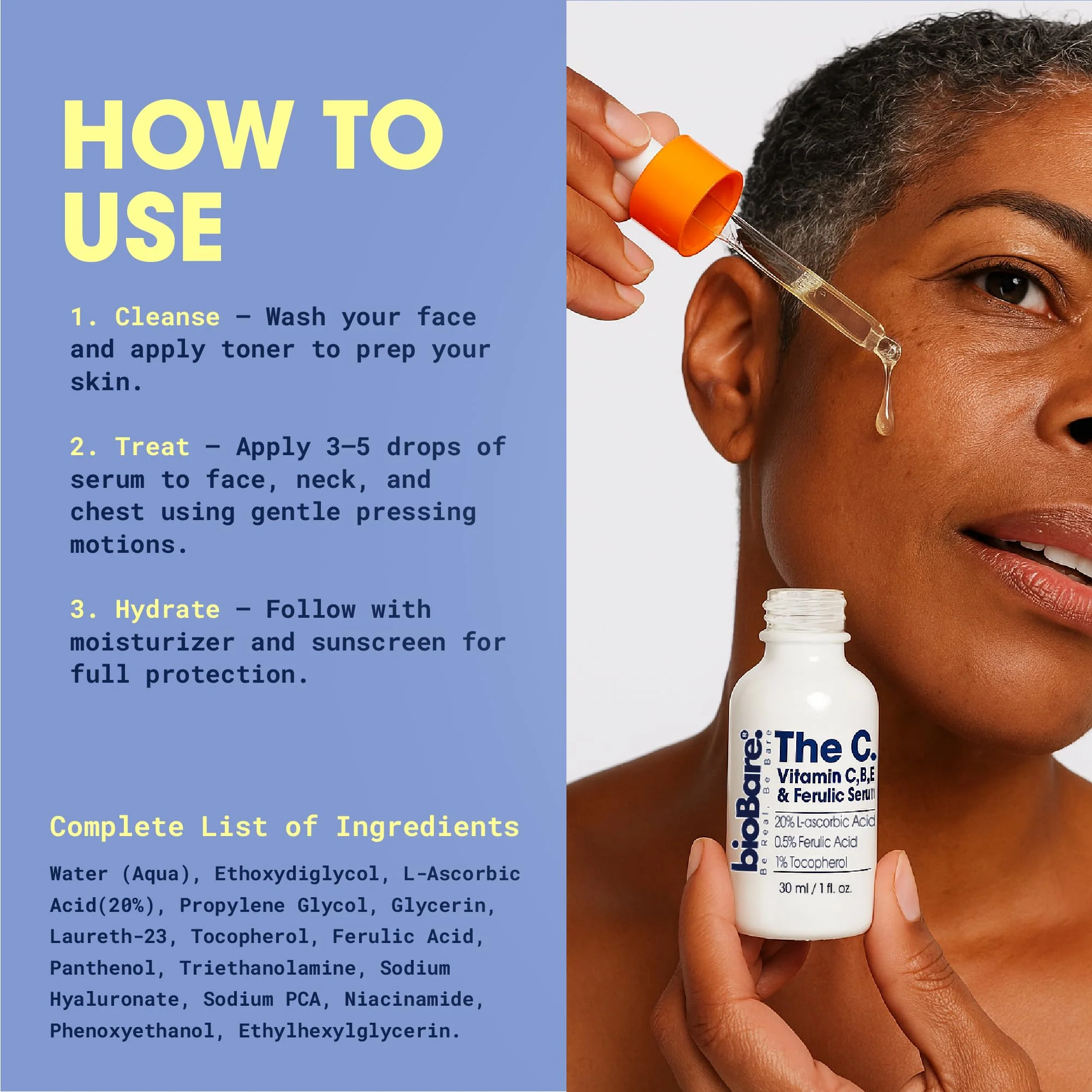 bioBare® Vitamin C, B, E & Ferulic Serum | 20% Pure Vitamin C Facial Serum with Hyaluronic Acid, Niacinamide & Ferulic Acid | L-Ascorbic Acid Serum for Dark Spots, Fine Lines, Wrinkles, Uneven Skin - Image 5
