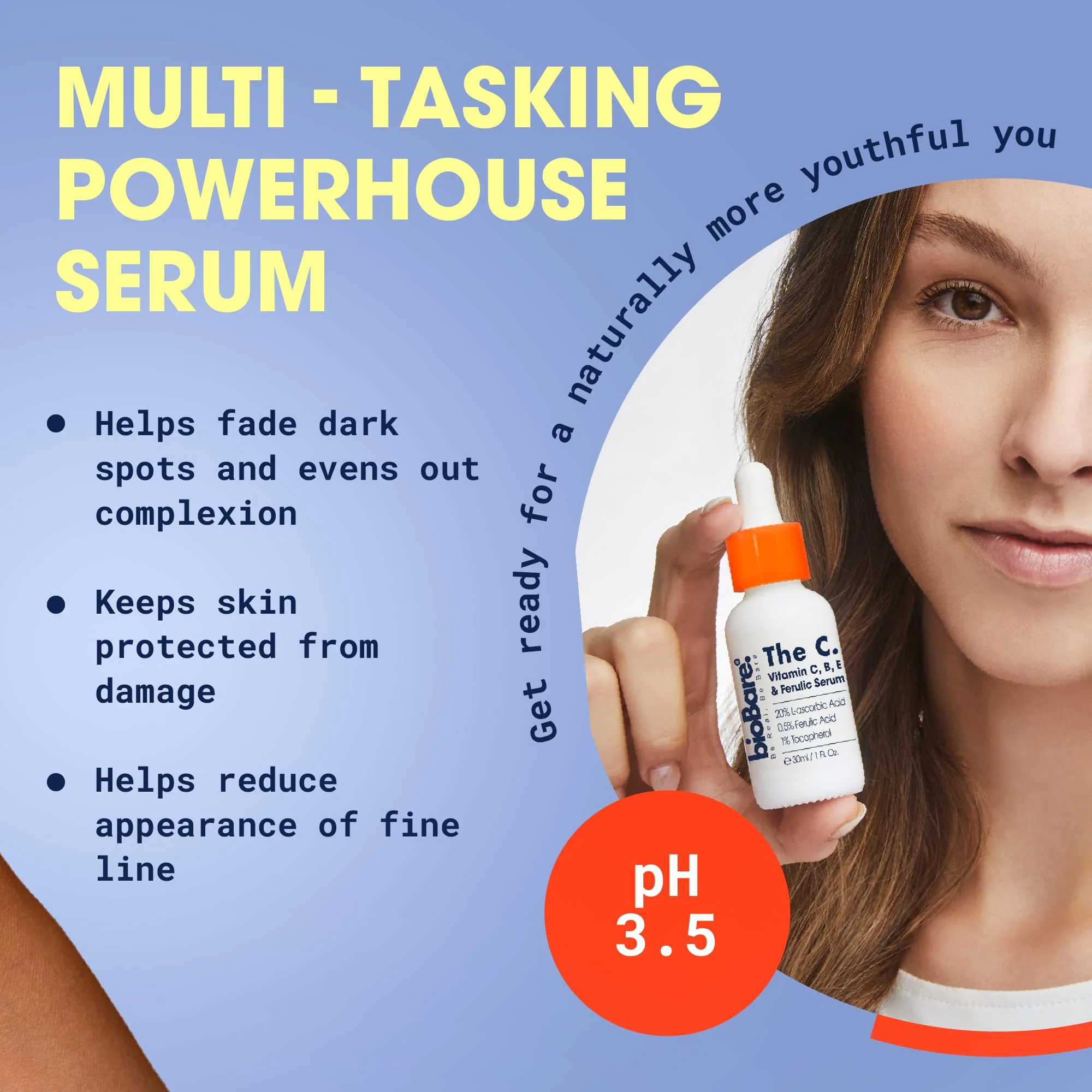 bioBare® Vitamin C, B, E & Ferulic Serum | 20% Pure Vitamin C Facial Serum with Hyaluronic Acid, Niacinamide & Ferulic Acid | L-Ascorbic Acid Serum for Dark Spots, Fine Lines, Wrinkles, Uneven Skin - Image 7
