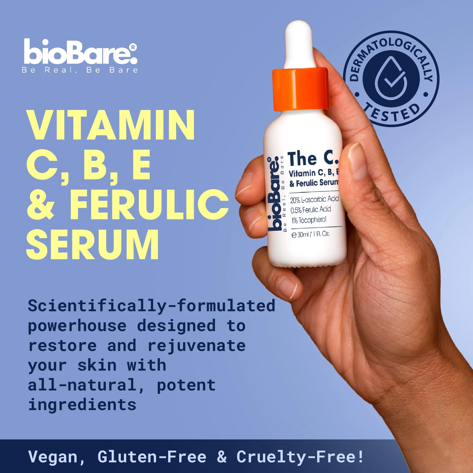 bioBare® Vitamin C, B, E & Ferulic Serum | 20% Pure Vitamin C Facial Serum with Hyaluronic Acid, Niacinamide & Ferulic Acid | L-Ascorbic Acid Serum for Dark Spots, Fine Lines, Wrinkles, Uneven Skin - Image 8
