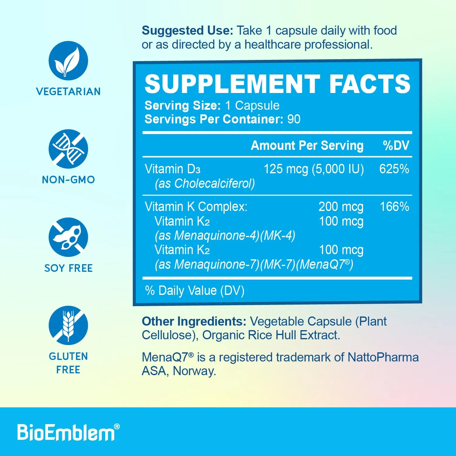 BioEmblem Vitamin D3 K2 Capsules (5000IU and 200mcg) - Patented MK7 and MK4 for 3-in-1 Complex Support - Vegetarian Vitamin D K2 Supplement for Teeth, Heart, Immune System - Non-GMO, 90 Caps - Image 4