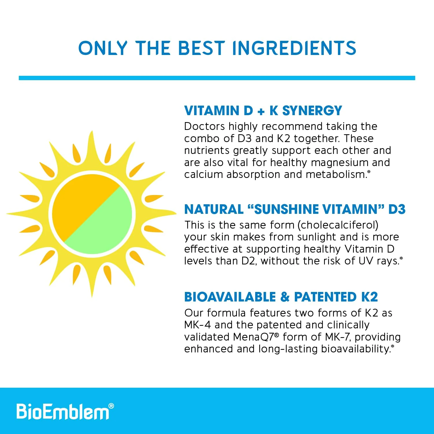 BioEmblem Vitamin D3 K2 Capsules (5000IU and 200mcg) - Patented MK7 and MK4 for 3-in-1 Complex Support - Vegetarian Vitamin D K2 Supplement for Teeth, Heart, Immune System - Non-GMO, 90 Caps - Image 5