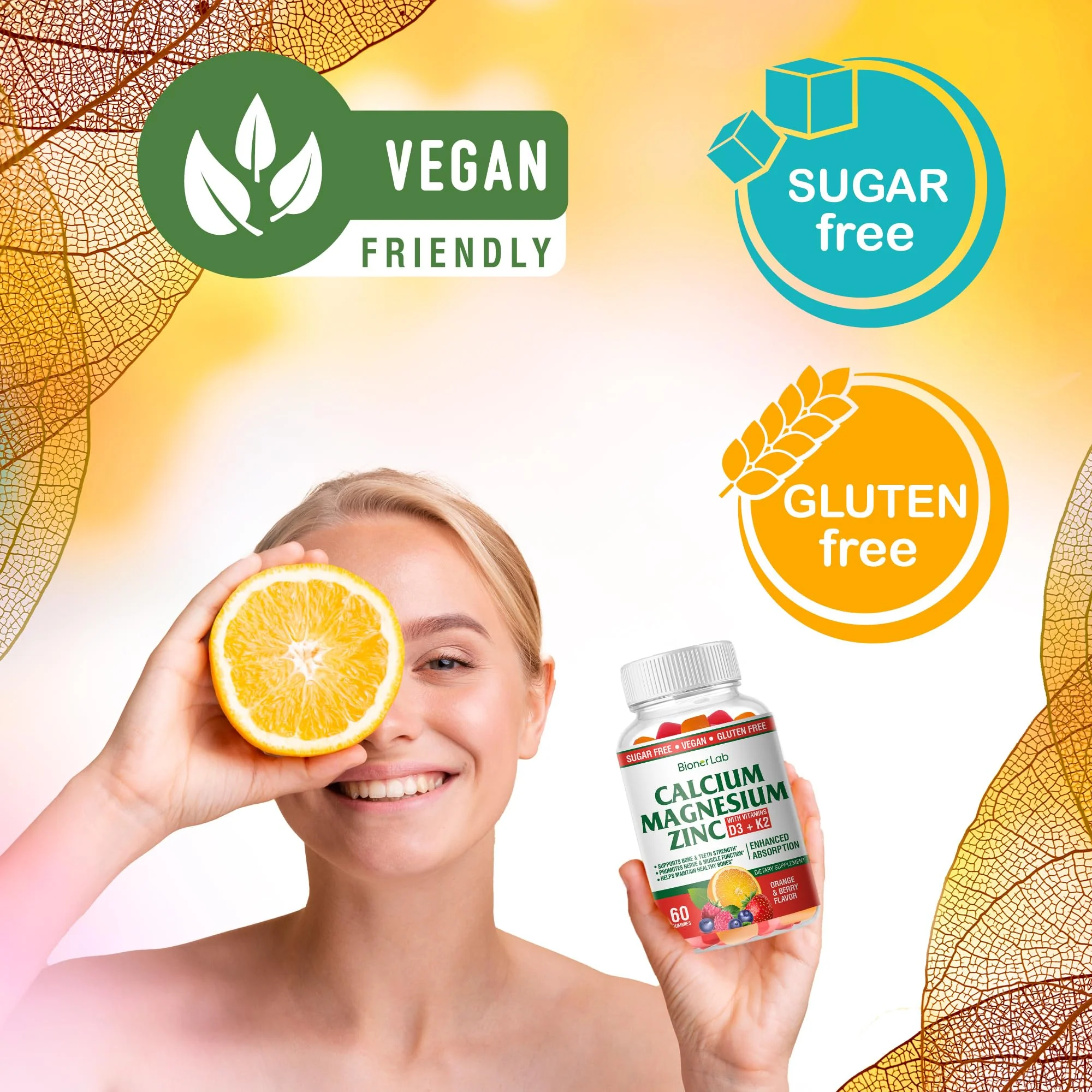 BionerLab Calcium Magnesium Zinc Gummies with Vitamin D3 & K2 - High Potency Enhanced Absorption - Orange and Berry Flavored - Image 3