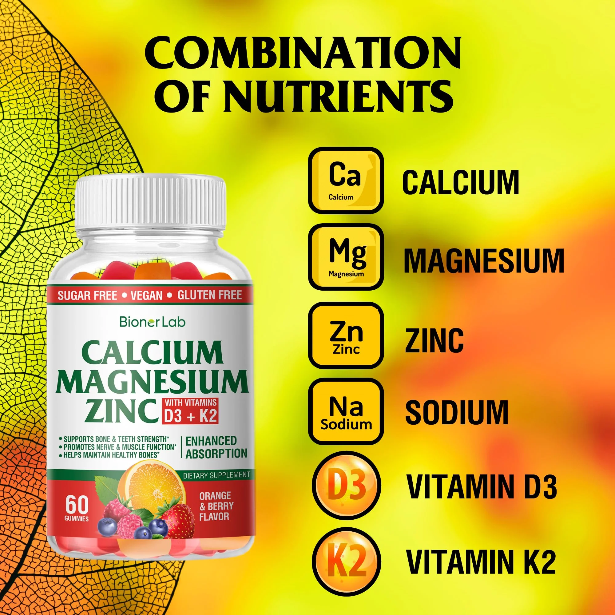 BionerLab Calcium Magnesium Zinc Gummies with Vitamin D3 & K2 - High Potency Enhanced Absorption - Orange and Berry Flavored - Image 5
