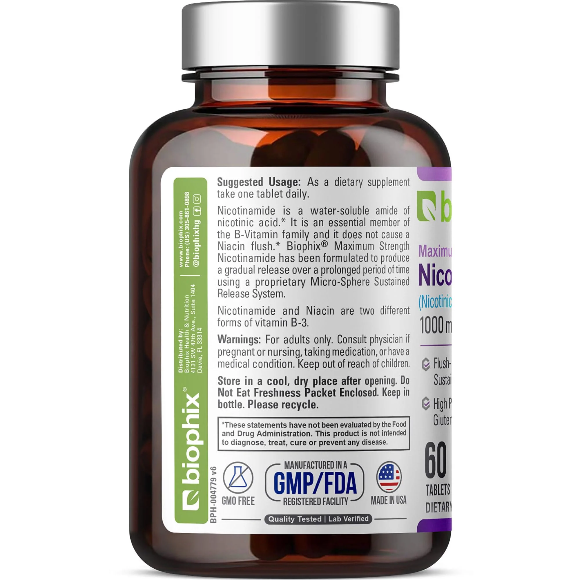 biophix B-3 Nicotinamide 1000 mg 60 Tablets Extra Strength Timed Release - Nicotinic Amide Niacin Natural Flush-Free Vitamin Formula - Supports Skin Cell Health