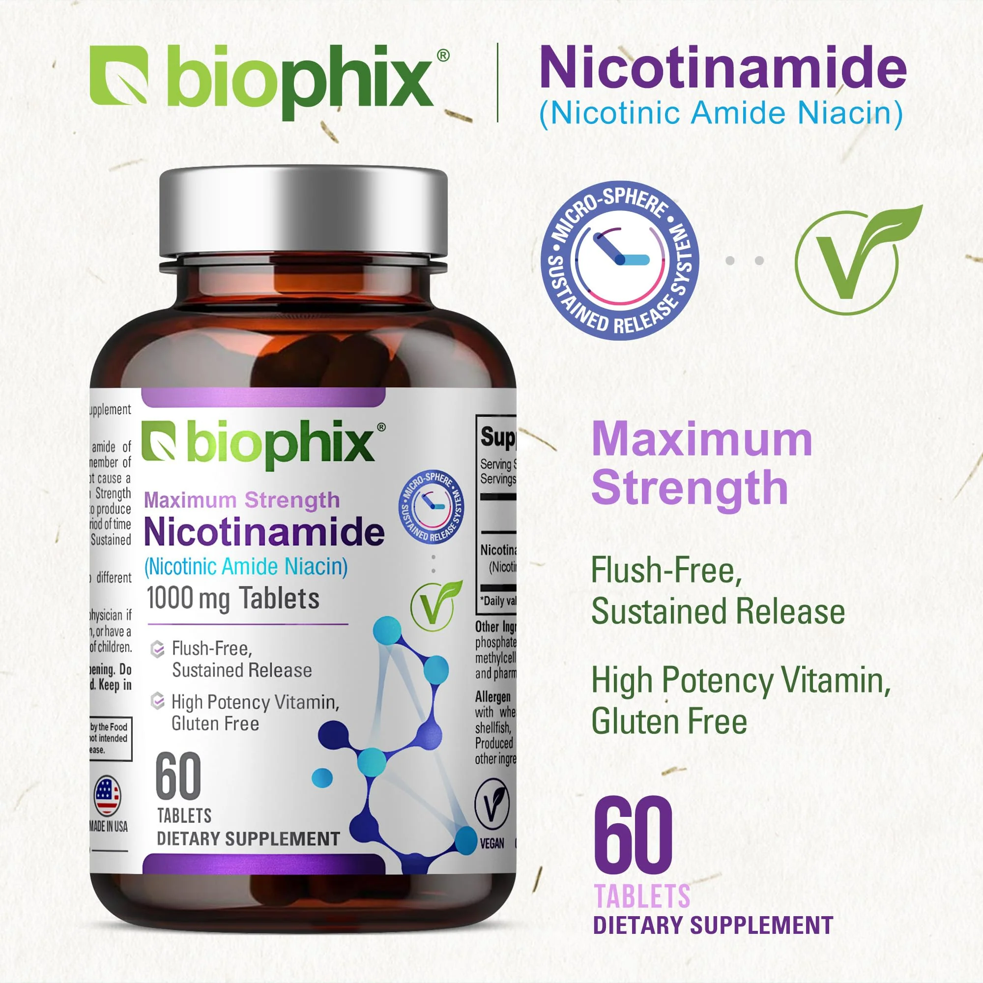 biophix B-3 Nicotinamide 1000 mg 60 Tablets Extra Strength Timed Release - Nicotinic Amide Niacin Natural Flush-Free Vitamin Formula - Supports Skin Cell Health - Image 3