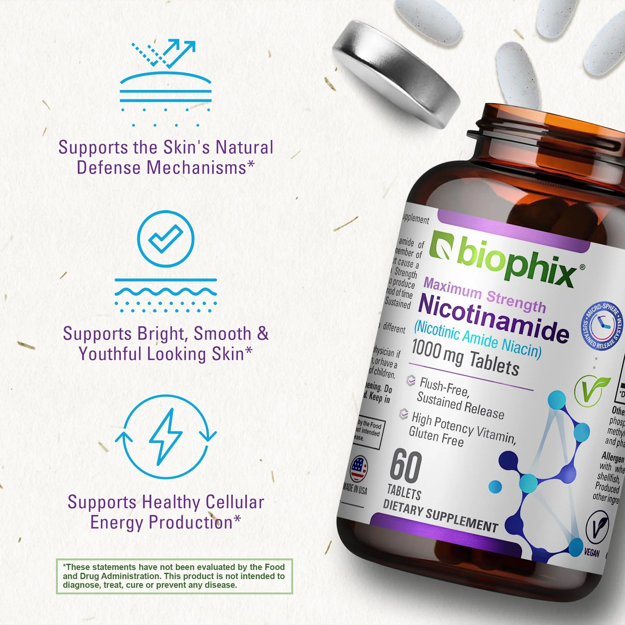 biophix B-3 Nicotinamide 1000 mg 60 Tablets Extra Strength Timed Release - Nicotinic Amide Niacin Natural Flush-Free Vitamin Formula - Supports Skin Cell Health - Image 5