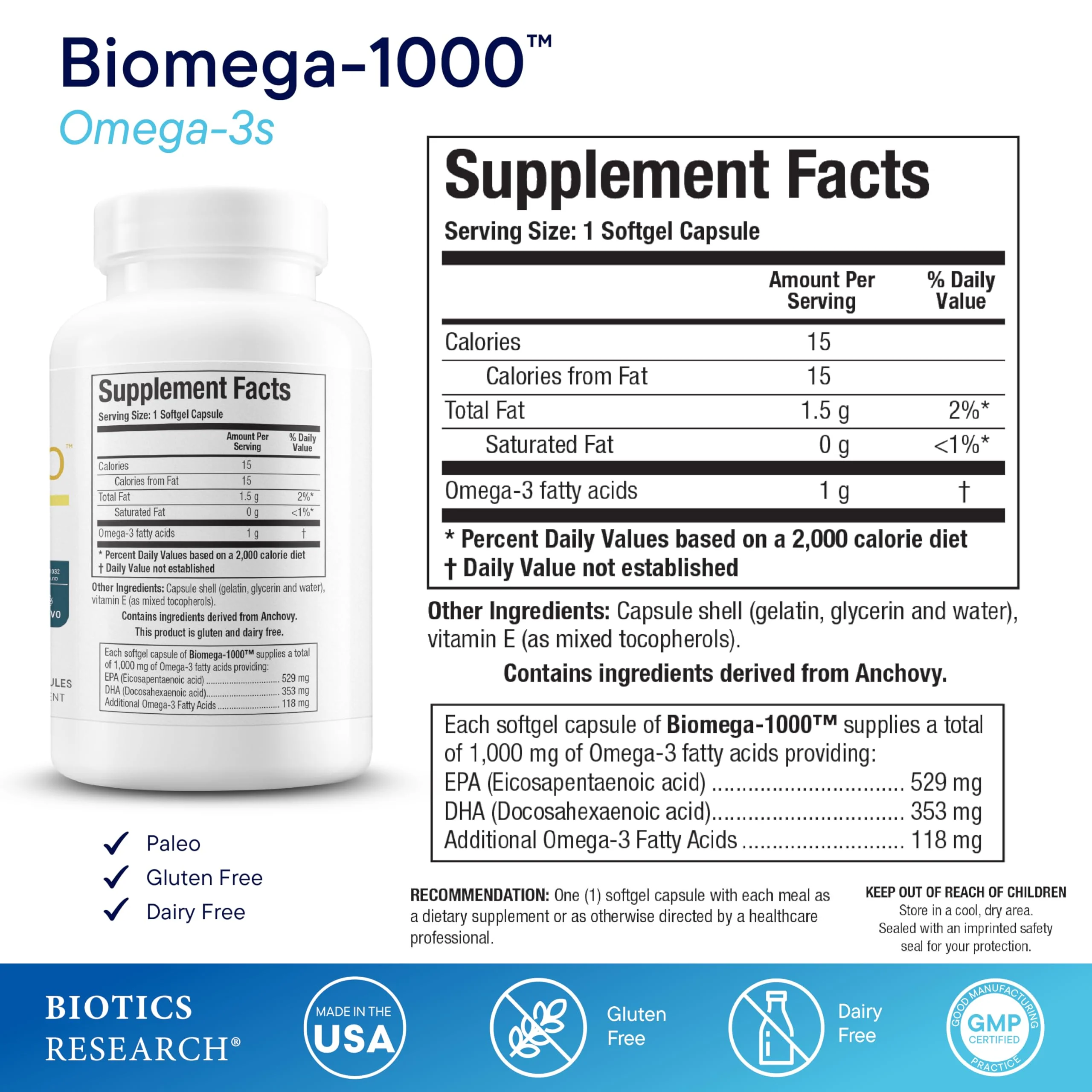 Biotics Research Biomega-1000™ Omega 3 Fish Oil With EPA 529mg / DHA 353mg– Omega-3 Fatty Acids 1000 mg- Highly Concentrated Fish Oil 90 Days Servings–Supports Immune, Brain & Heart Health–90 Softgels - Image 3