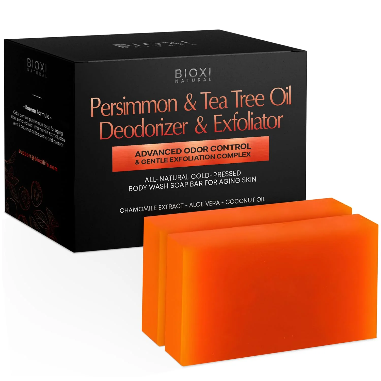BIOXI Persimmon & Tea Tree Oil Deodorizer Soap Bar Odor Control & Gentle Exfoliation Body Wash for Mature or Aging Skin Korean Cold-Pressed Formula with Chamomile, Aloe Vera & Coconut Oil - 2 Pack
