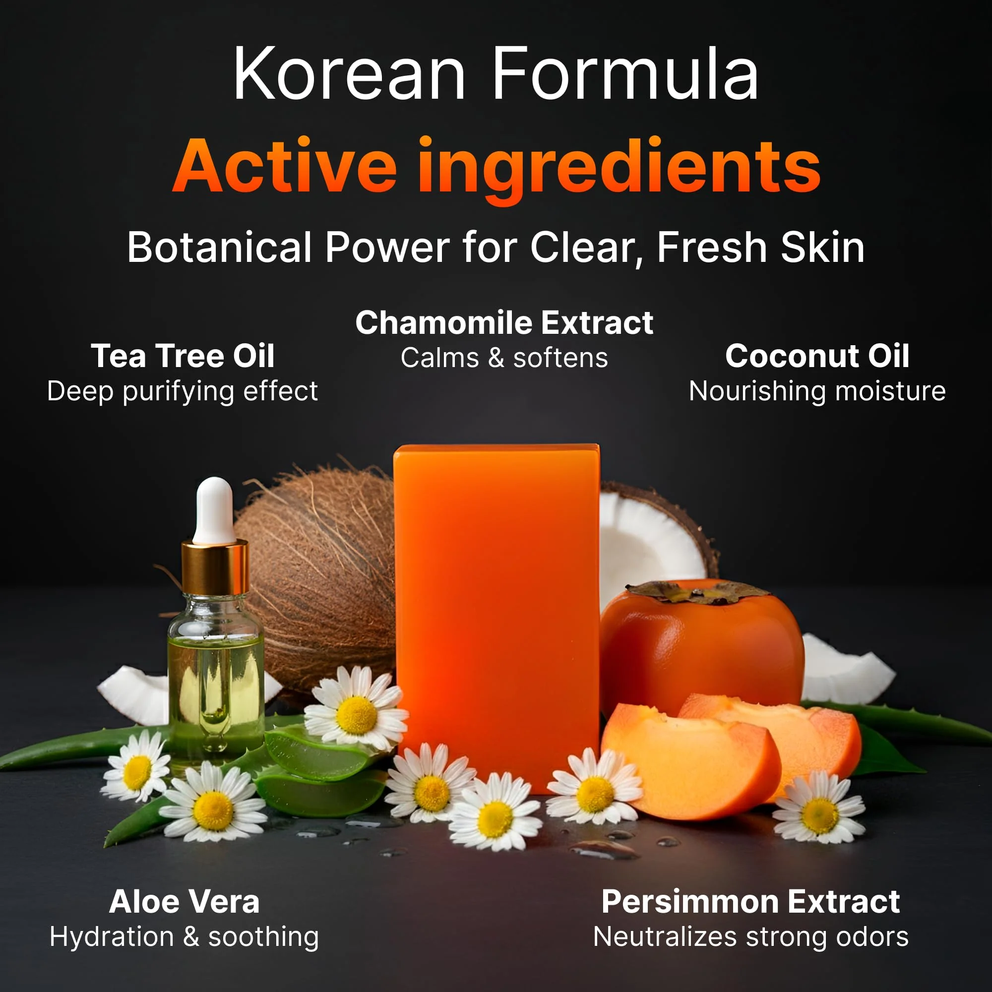 BIOXI Persimmon & Tea Tree Oil Deodorizer Soap Bar Odor Control & Gentle Exfoliation Body Wash for Mature or Aging Skin Korean Cold-Pressed Formula with Chamomile, Aloe Vera & Coconut Oil - 2 Pack - Image 8