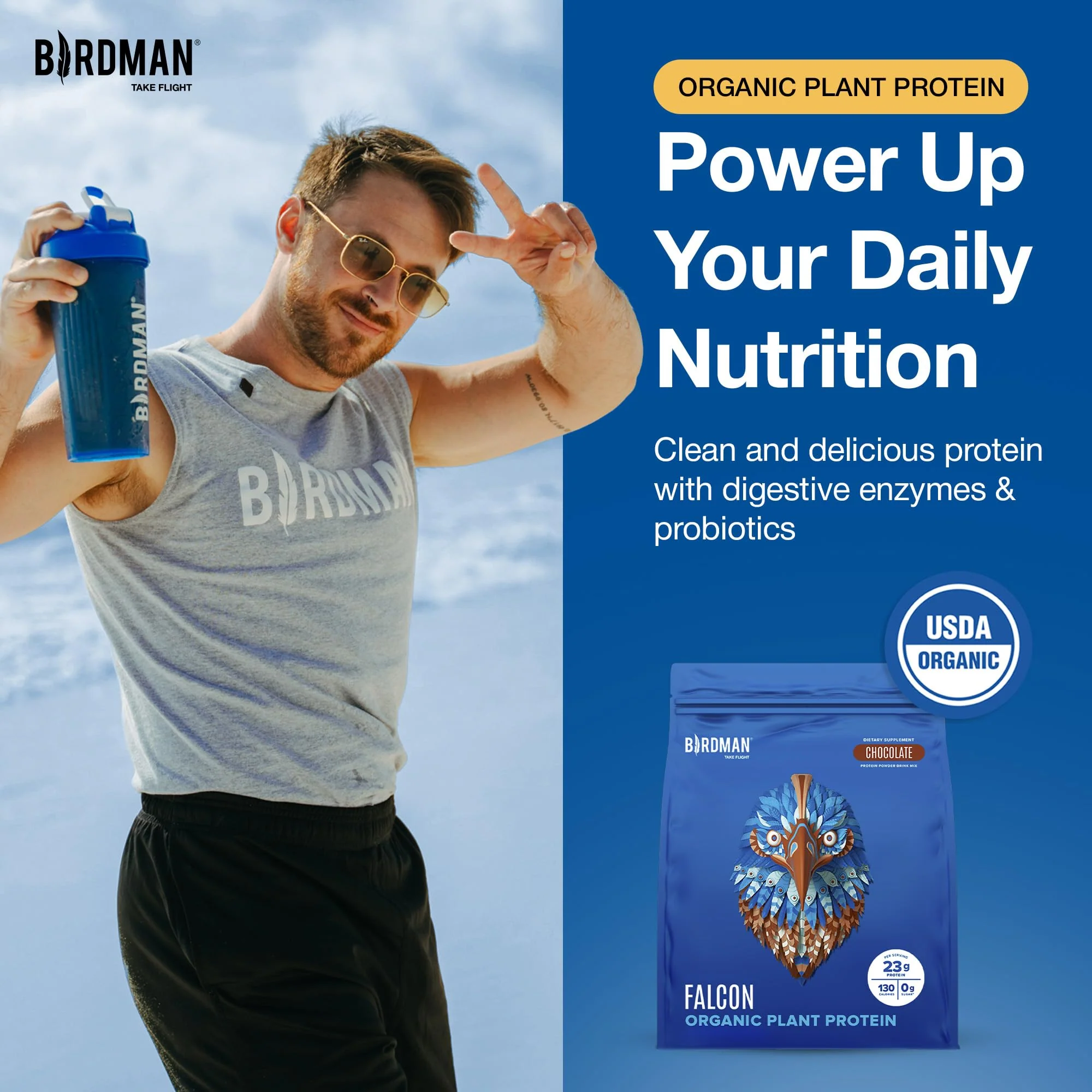 BIRDMAN Falcon Vegan Protein Powder Organic, Stevia & Sugar Free, Plant Based Protein, Low Carb, Dairy Free, Keto, Non Whey Protein, Probiotic, Pea Protein | Chocolate Flavor - 60 Servings - 3.9lb - Image 3
