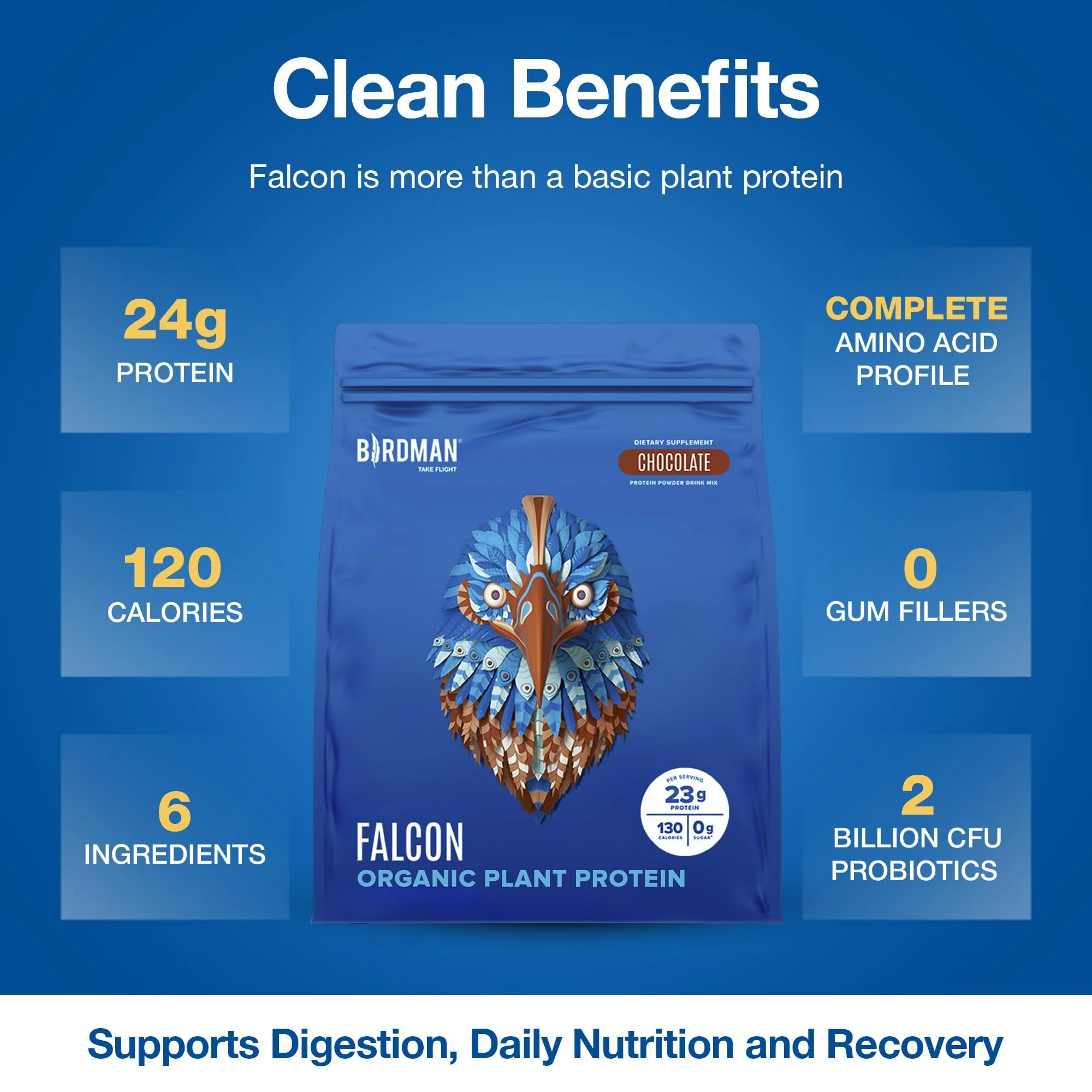 BIRDMAN Falcon Vegan Protein Powder Organic, Stevia & Sugar Free, Plant Based Protein, Low Carb, Dairy Free, Keto, Non Whey Protein, Probiotic, Pea Protein | Chocolate Flavor - 60 Servings - 3.9lb - Image 4