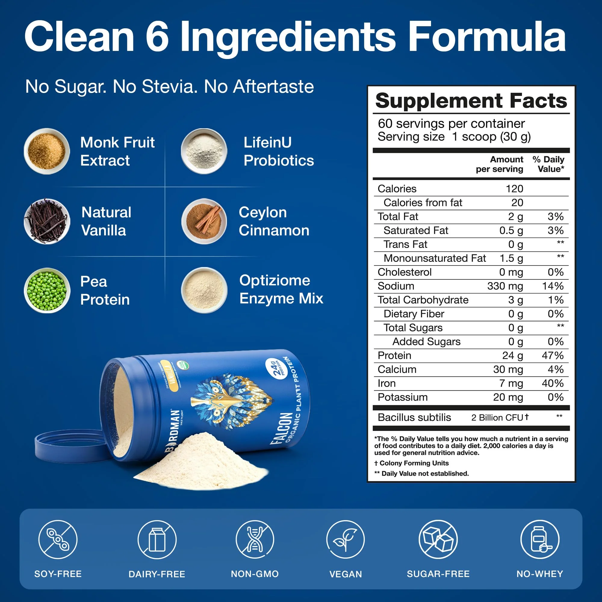BIRDMAN Falcon Vegan Protein Powder Organic, Stevia & Sugar Free, Plant Based Protein, Low Carb, Dairy Free, Keto, Non Whey Protein, Probiotic, Pea Protein | Chocolate Flavor - 60 Servings - 3.9lb - Image 5