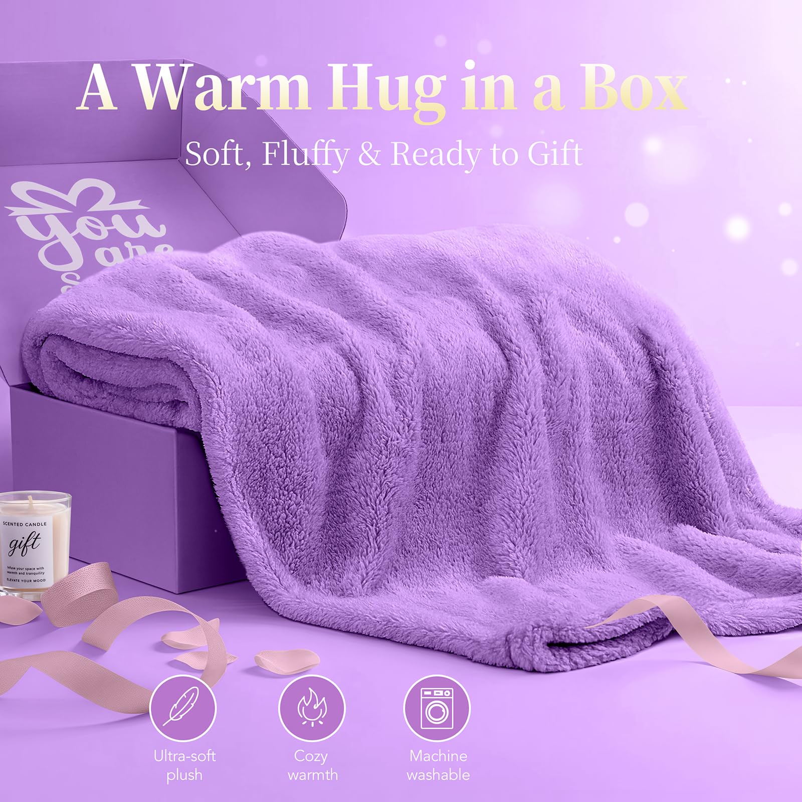 Birthday Gift for Women - Luxury Spa Self Care Kit for Her - Perfect Birthday Gifts for Wife Mom Girlfriend Sister - Relaxing Spa Experience with Blanket Candle Bath Bomb Tumbler - Purple Gift Box - Image 7