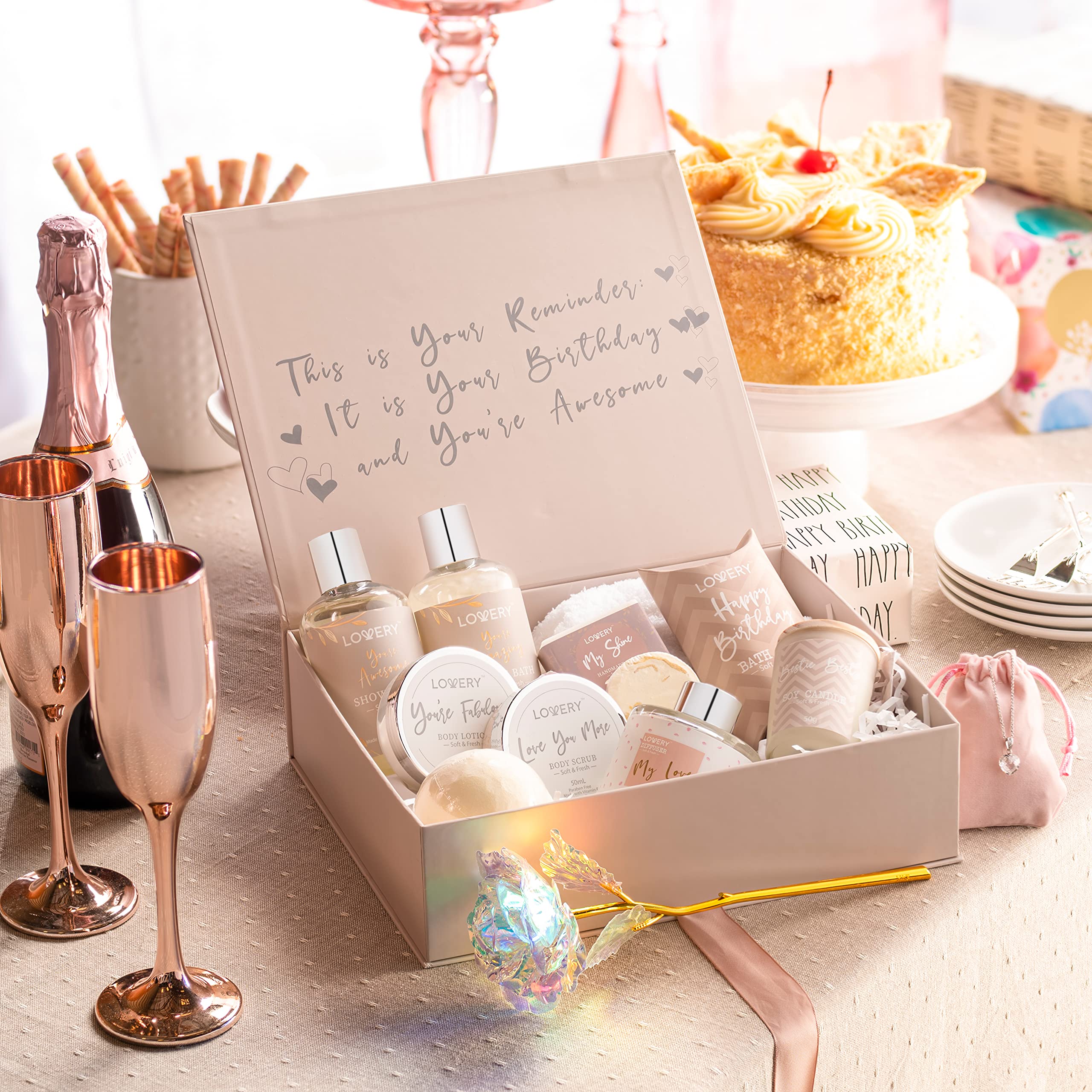 Birthday Gifts for Women, Birthday Spa Gift Basket for Women, Luxury Birthday Spa Gift Box with Vit E, Rich Bath Essentials, Diffuser, Candle, Sterling Silver CZ Heart Necklace, 24k Flower Rose & More - Image 3
