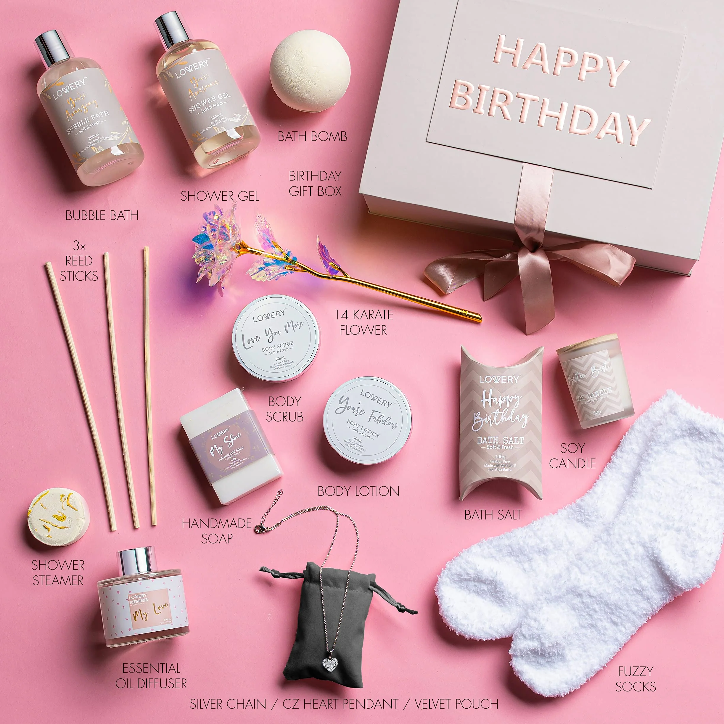 Birthday Gifts for Women, Birthday Spa Gift Basket for Women, Luxury Birthday Spa Gift Box with Vit E, Rich Bath Essentials, Diffuser, Candle, Sterling Silver CZ Heart Necklace, 24k Flower Rose & More - Image 7