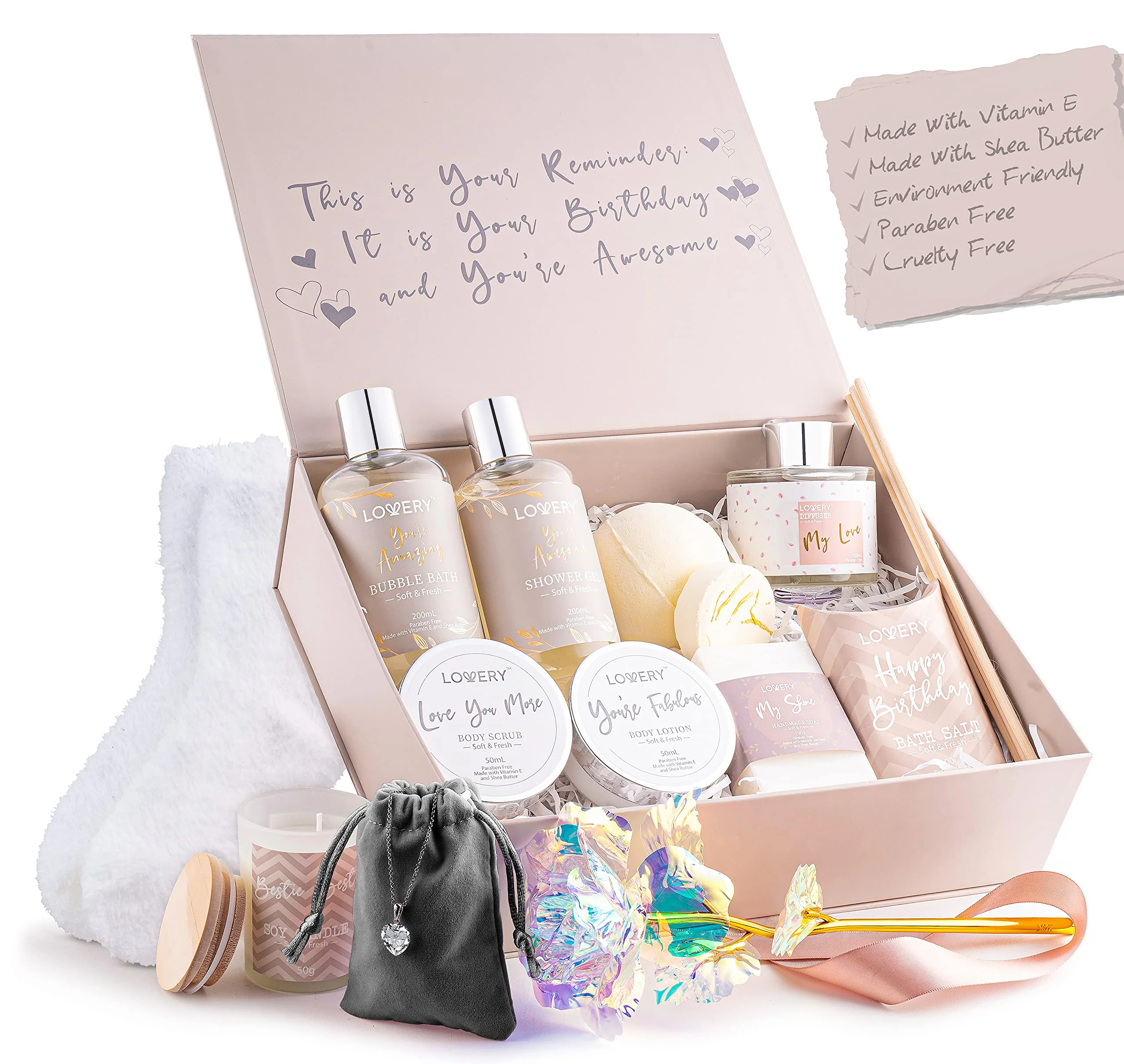 Birthday Gifts for Women, Birthday Spa Gift Basket for Women, Luxury Birthday Spa Gift Box with Vit E, Rich Bath Essentials, Diffuser, Candle, Sterling Silver CZ Heart Necklace, 24k Flower Rose & More - Image 8