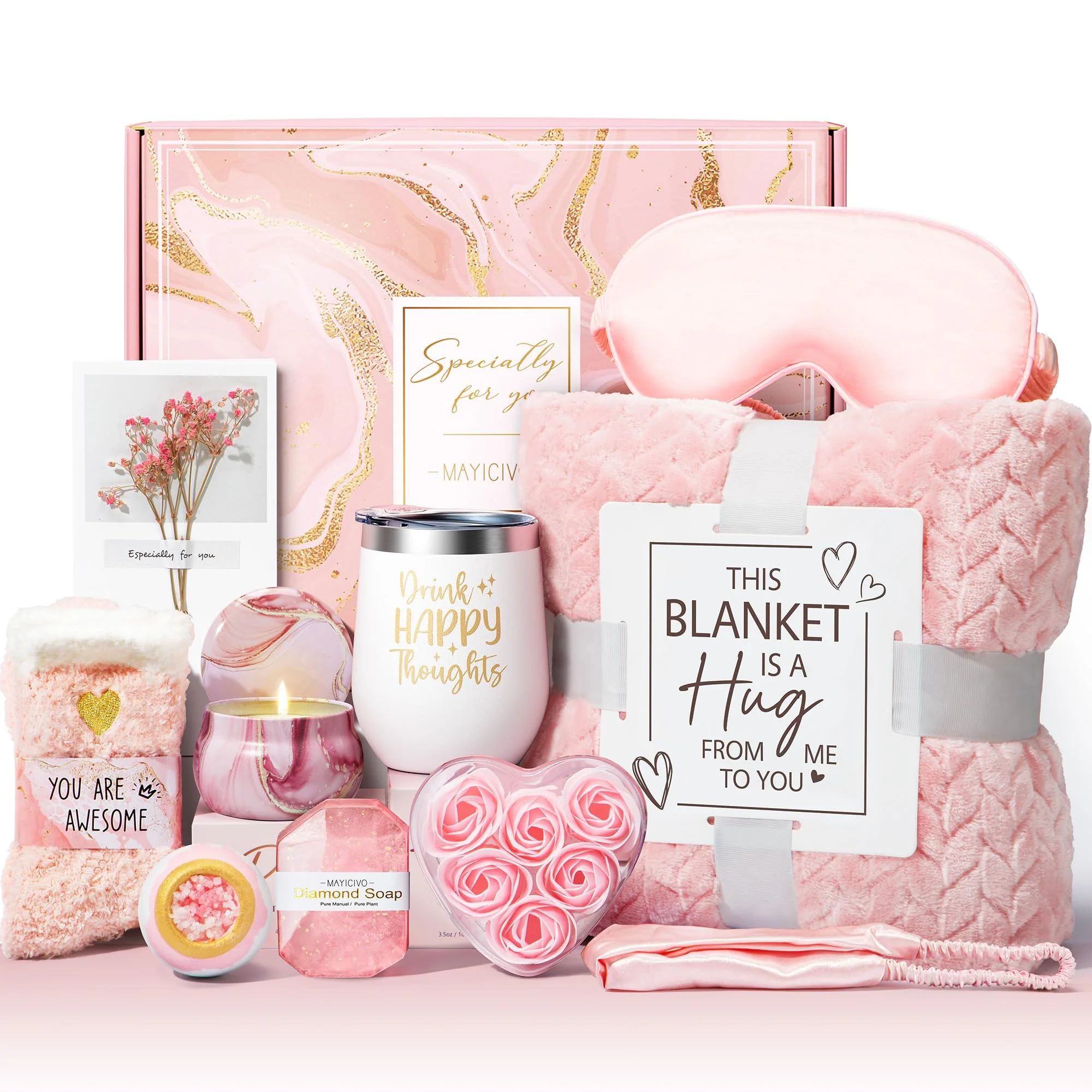 Birthday Gifts for Women Self Care Gifts Get Well Soon Gifts, Rose Relaxing Spa Gifts Basket Care Package w/ Luxury Flannel Blanket, Unique Christmas Gifts for Mom Her Friend Sister Wife Grandma