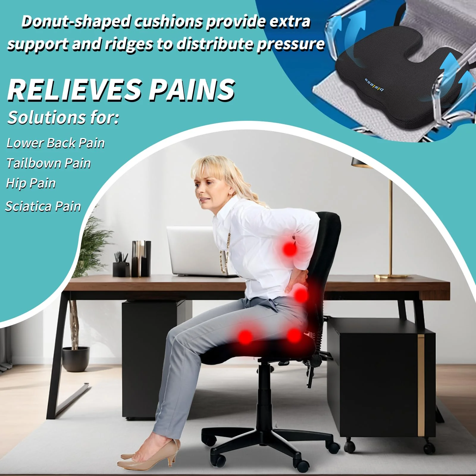 Bisiesa Orthopedic Gel Foam Seat Cushion for Sciatica & Butt Pain Relief - Donut Design Pillow for Office Chair, Car, Long Driving Sitting Support After Use - Image 5