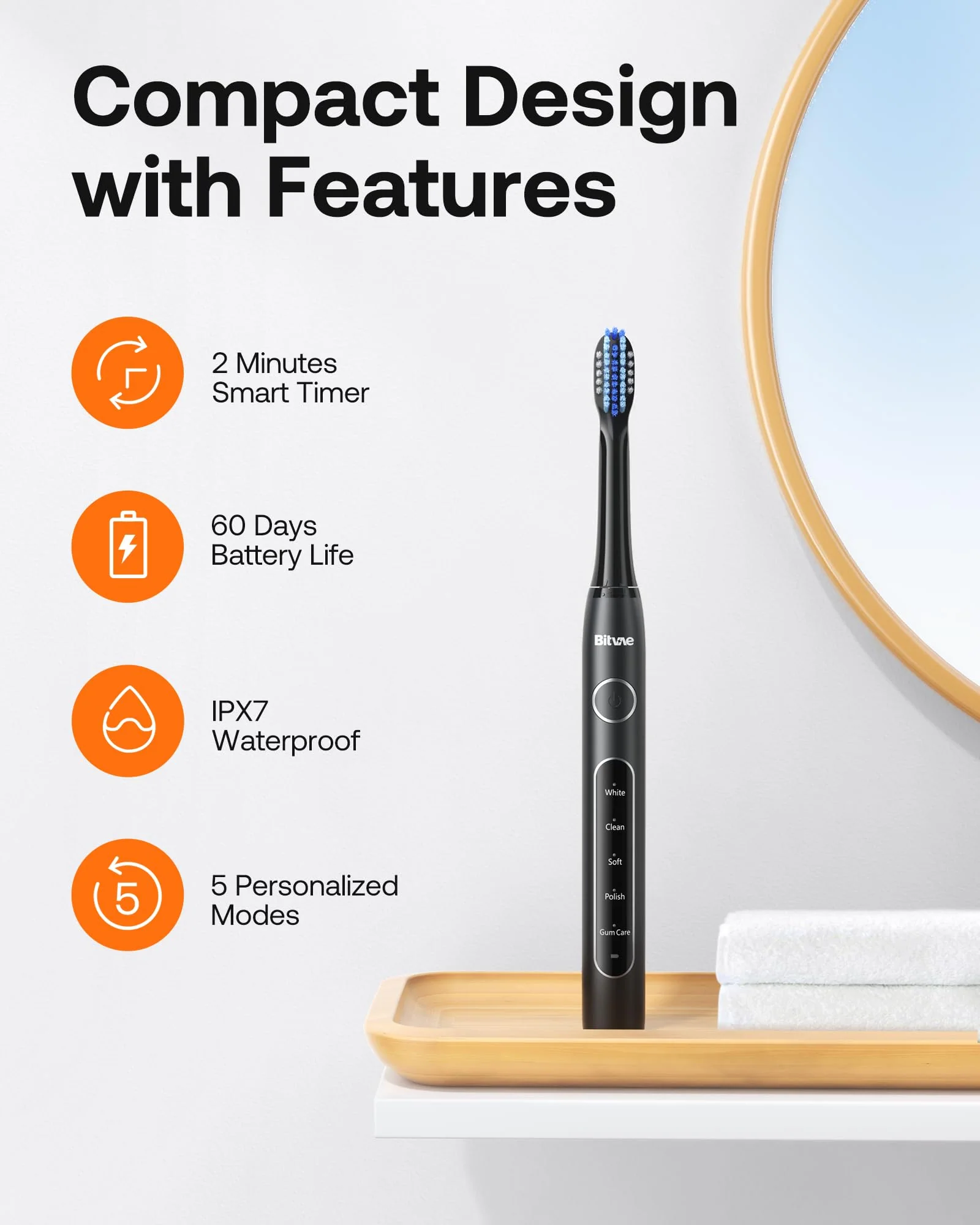 Bitvae D2 Ultrasonic Electric Toothbrush for Adults and Kids, Electric Toothbrush with Rechargeable Power, 8 Toothbrush Heads and 5 Modes, Black - Image 3