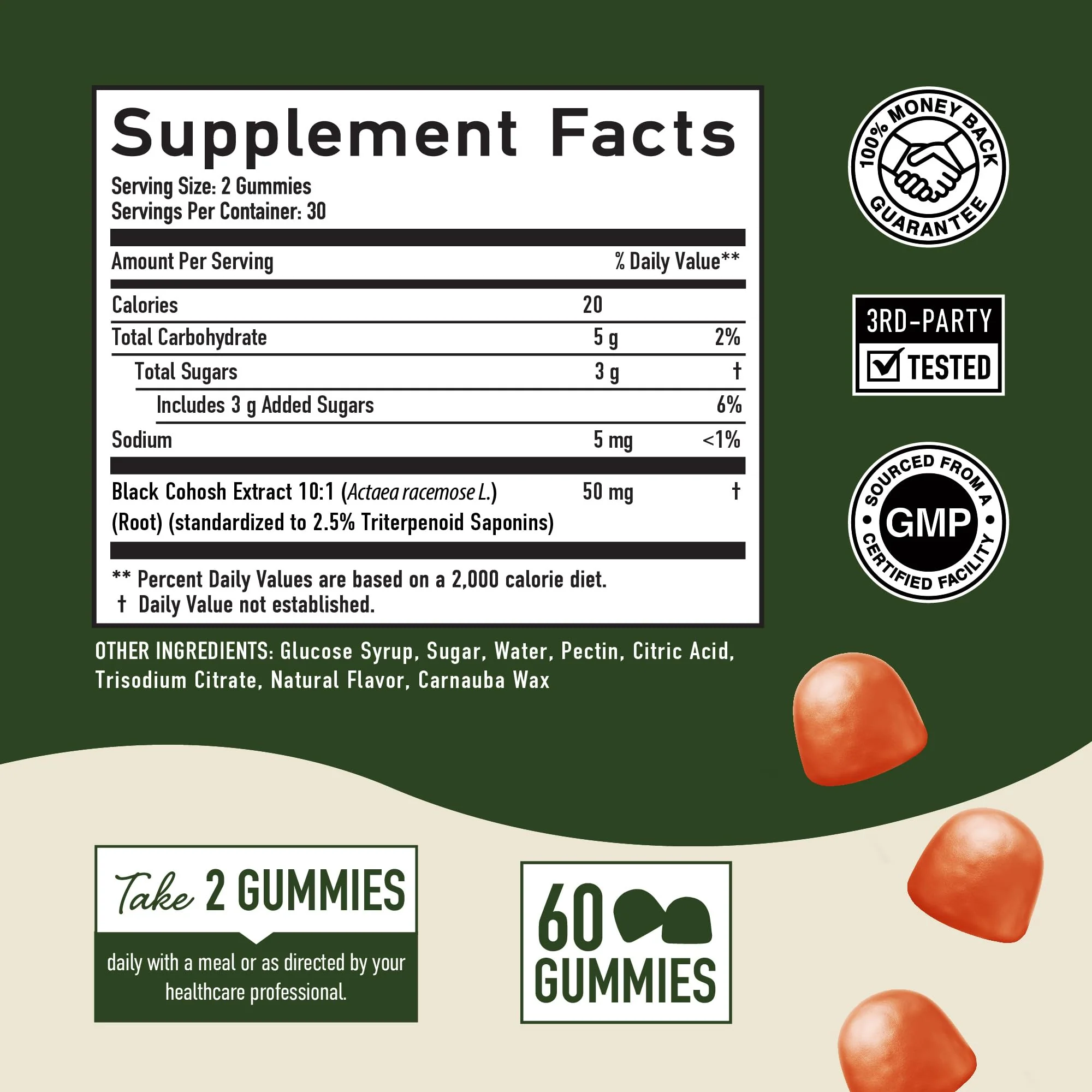 Black Cohosh Gummies for Menopause Relief, Hot Flashes & Night Sweats | 50mg Black Cohosh Root for Women | Gluten-Free, Vegetarian, Non-GMO | Hormone Balance Support | Yummy Peach Flavor | 60 Gummies - Image 5