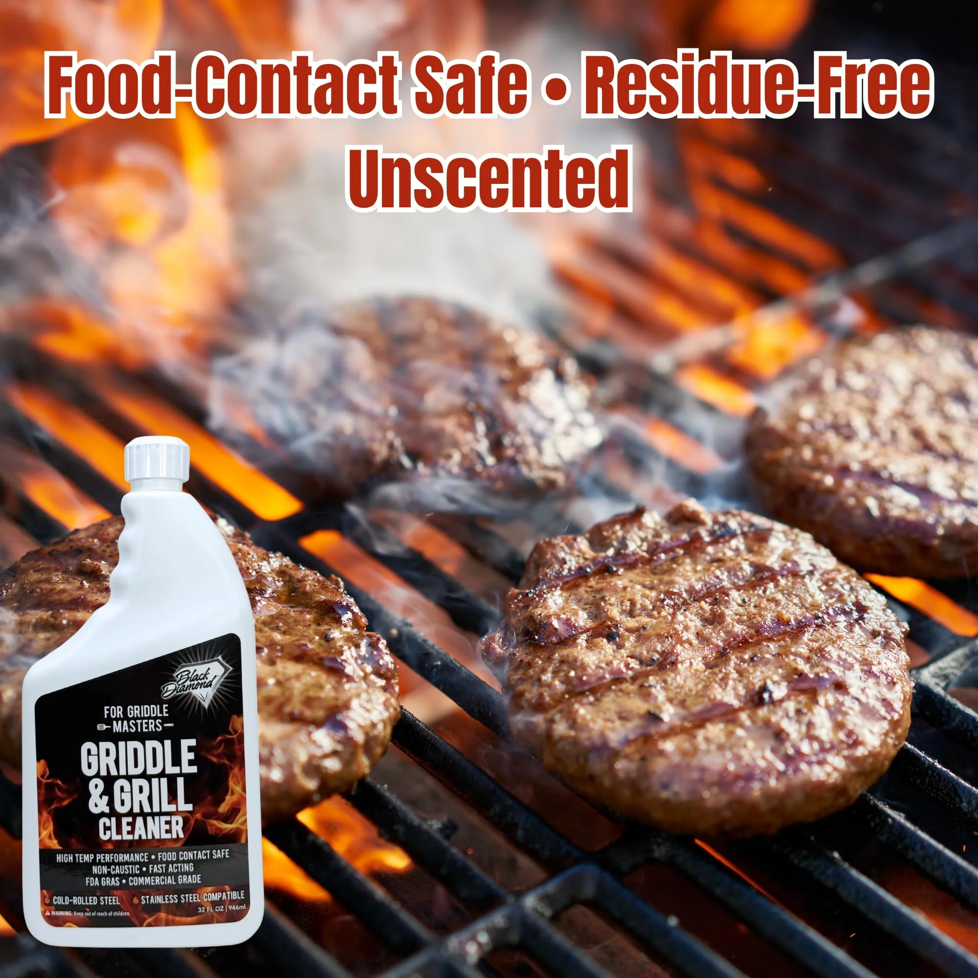 Black Diamond Stoneworks Griddle & Grill Cleaner – Flat Top Griddle Cleaner, Non-Caustic, Food-Contact Safe, Unscented, Residue-Free, Stainless & Cold-Rolled Steel, 32 fl oz (32) - Image 4