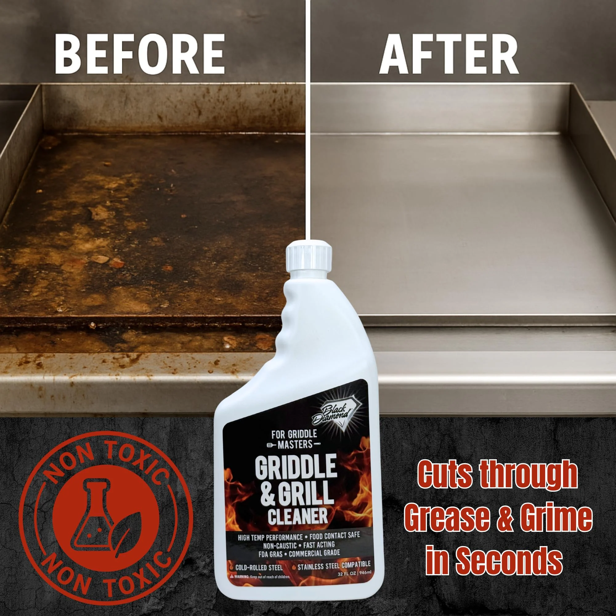 Black Diamond Stoneworks Griddle & Grill Cleaner – Flat Top Griddle Cleaner, Non-Caustic, Food-Contact Safe, Unscented, Residue-Free, Stainless & Cold-Rolled Steel, 32 fl oz (32) - Image 7