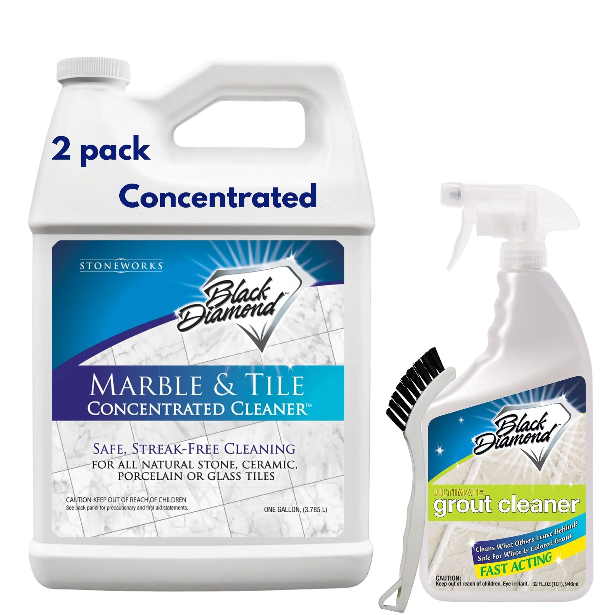 Black Diamond Stoneworks Marble & Tile Cleaner Gallon + Ultimate Grout Cleaner with Brush Quart (2-Pack) – Safe for Natural Stone, Deep Grout and Tile Cleaning to Restores Shine