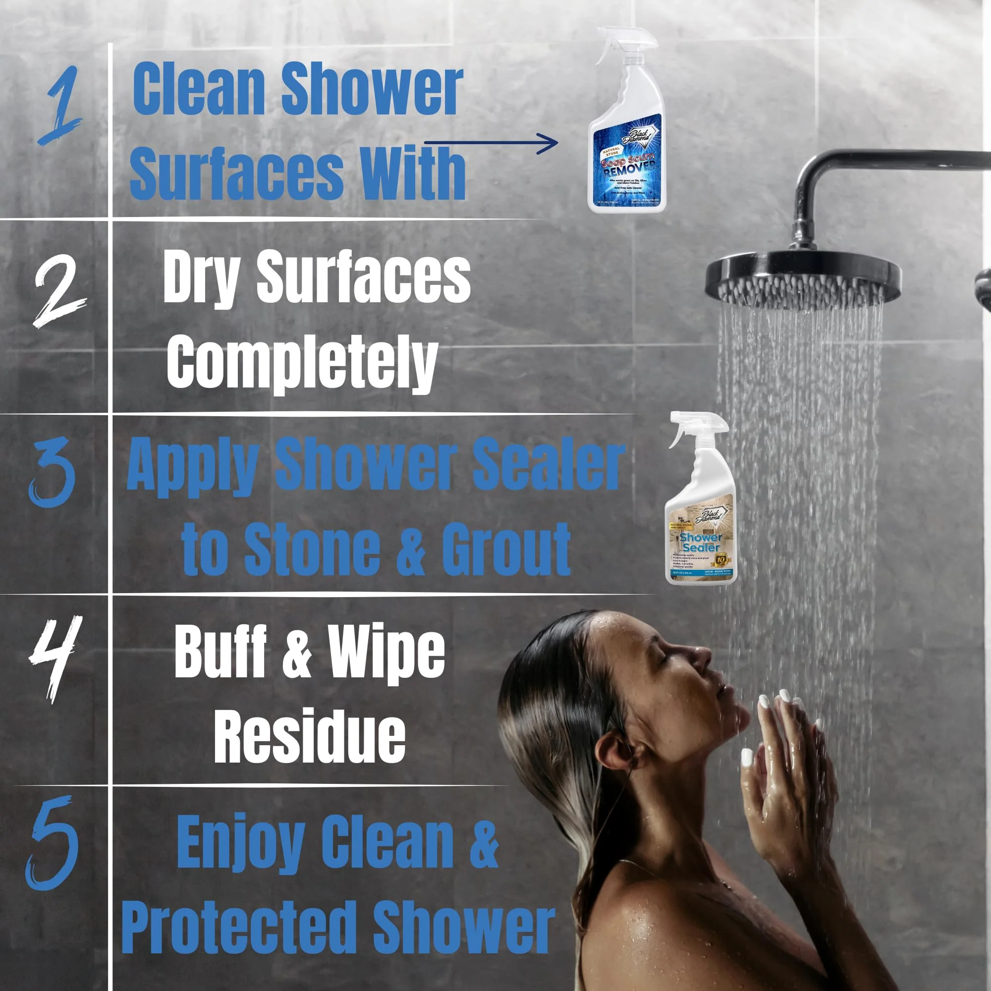 Black Diamond Stoneworks Natural Stone Shower Soap Scum Remover Spray. For Cleaning Bathtubs, Glass Doors, Tubs, Travertine, Marble, Tile. Heavy Duty, Safe Acid-Free Cleaner. Safe for fixtures. - Image 3