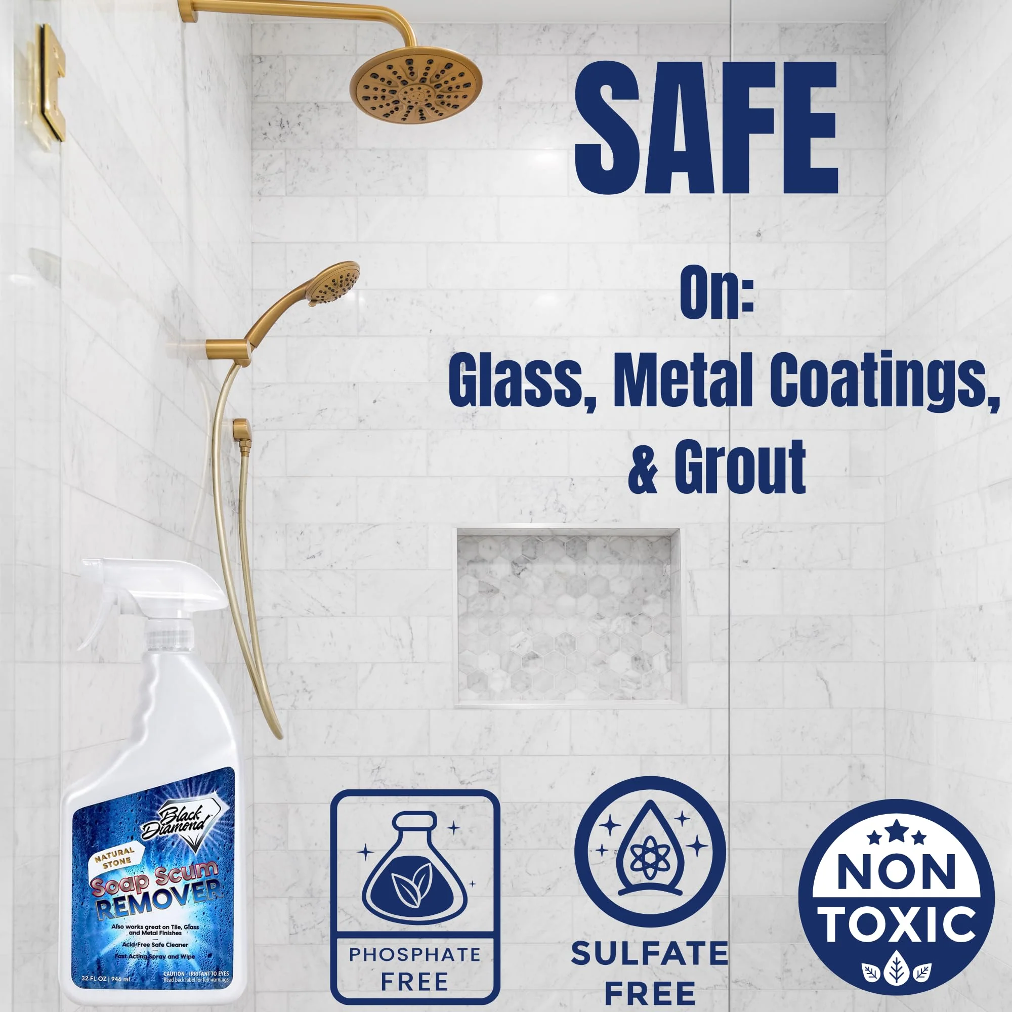 Black Diamond Stoneworks Natural Stone Shower Soap Scum Remover Spray. For Cleaning Bathtubs, Glass Doors, Tubs, Travertine, Marble, Tile. Heavy Duty, Safe Acid-Free Cleaner. Safe for fixtures. - Image 4
