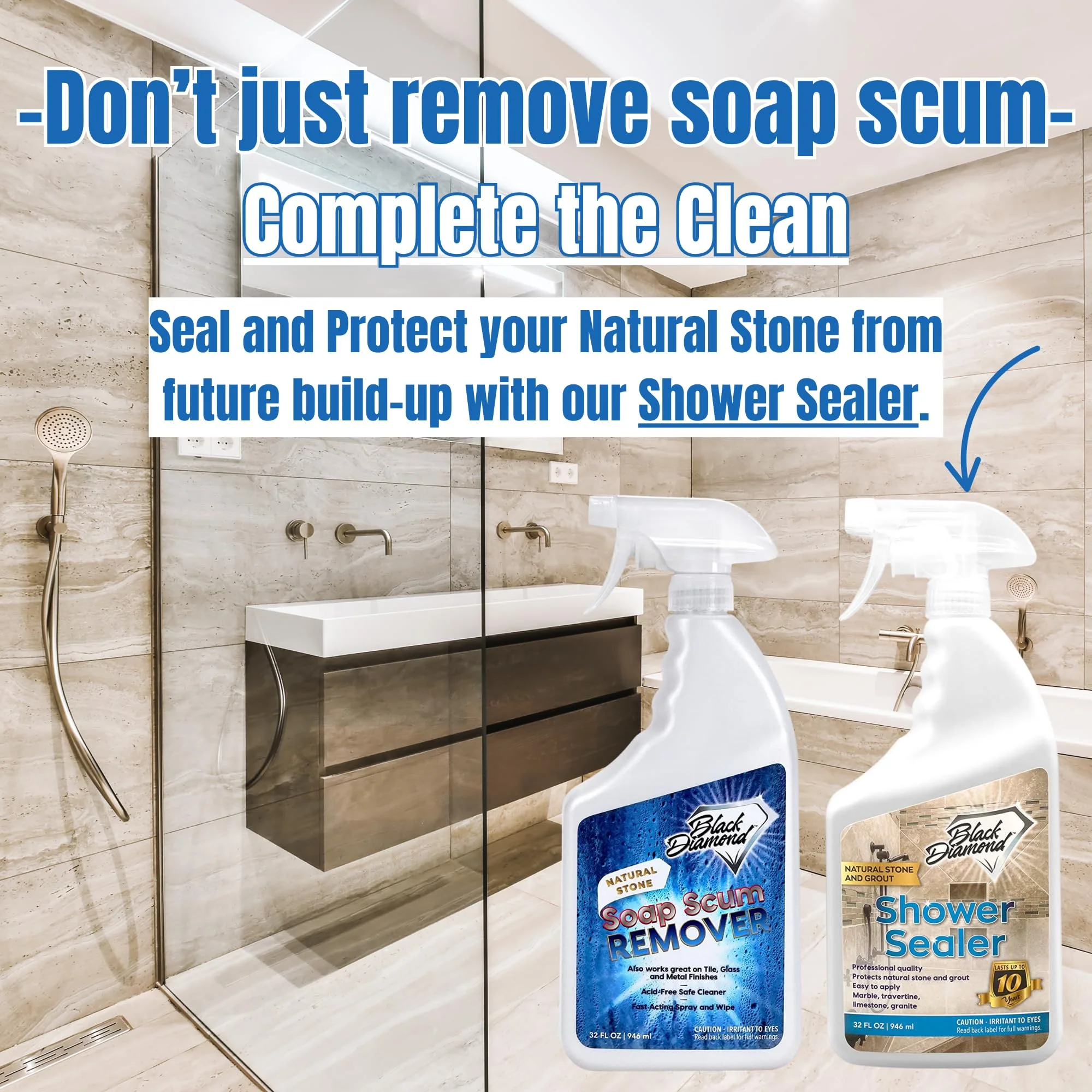 Black Diamond Stoneworks Natural Stone Shower Soap Scum Remover Spray. For Cleaning Bathtubs, Glass Doors, Tubs, Travertine, Marble, Tile. Heavy Duty, Safe Acid-Free Cleaner. Safe for fixtures. - Image 3