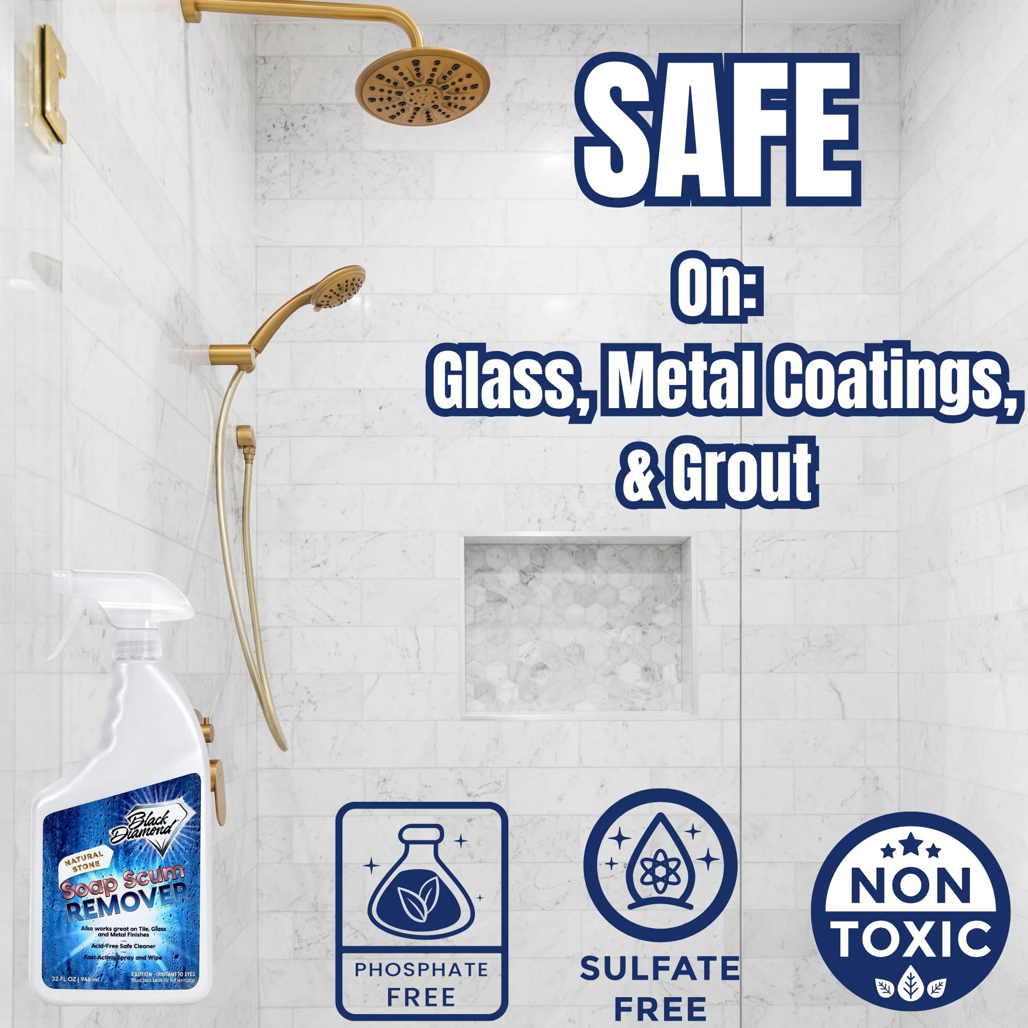 Black Diamond Stoneworks Natural Stone Shower Soap Scum Remover Spray. For Cleaning Bathtubs, Glass Doors, Tubs, Travertine, Marble, Tile. Heavy Duty, Safe Acid-Free Cleaner. Safe for fixtures. - Image 4