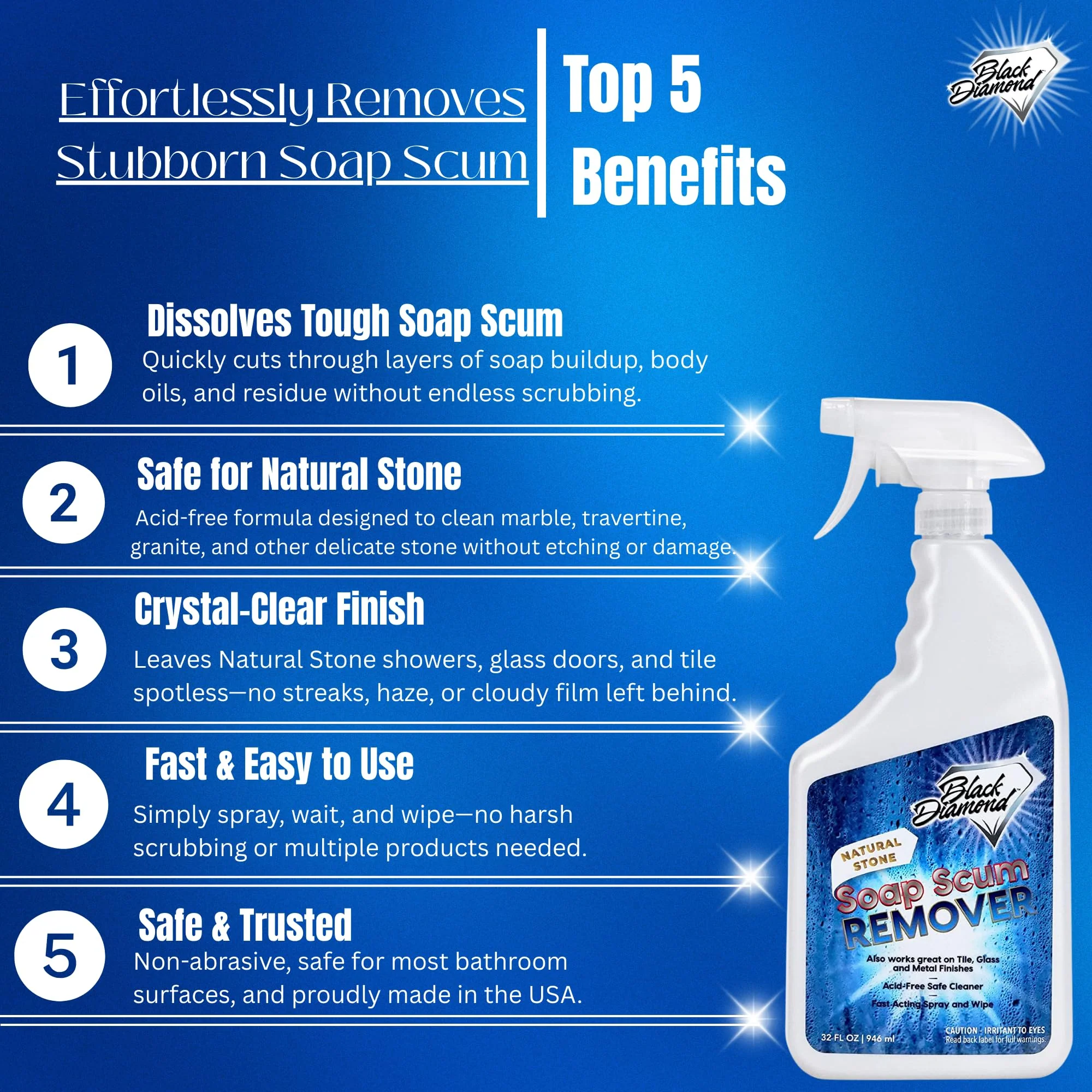 Black Diamond Stoneworks Natural Stone Shower Soap Scum Remover Spray. For Cleaning Bathtubs, Glass Doors, Tubs, Travertine, Marble, Tile. Heavy Duty, Safe Acid-Free Cleaner. Safe for fixtures. - Image 8