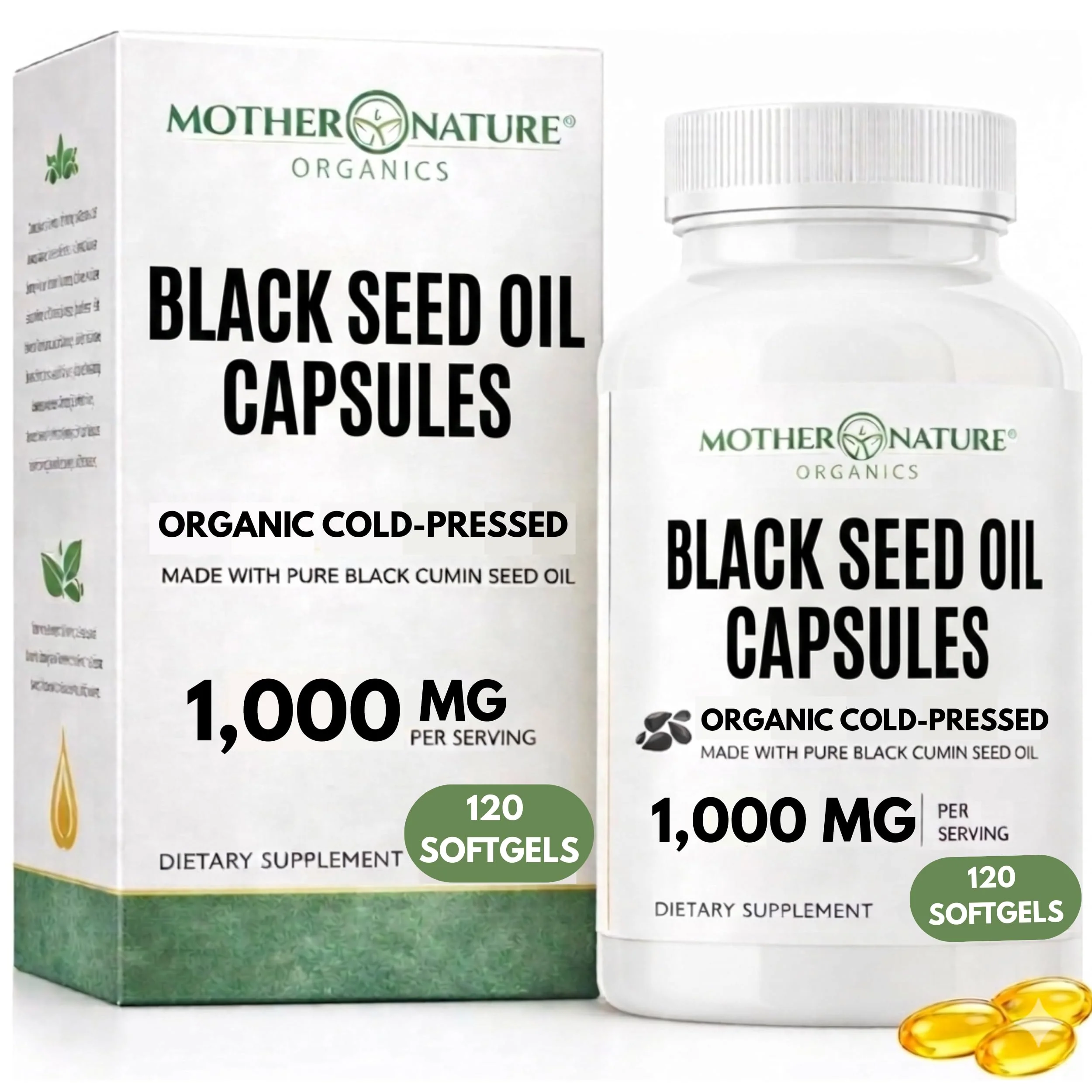 Black Seed Oil Capsules 1000mg, Organic Cold Pressed Black Cumin, High TQ, Immune & Joint Support, 120 Count (2 Month Supply)