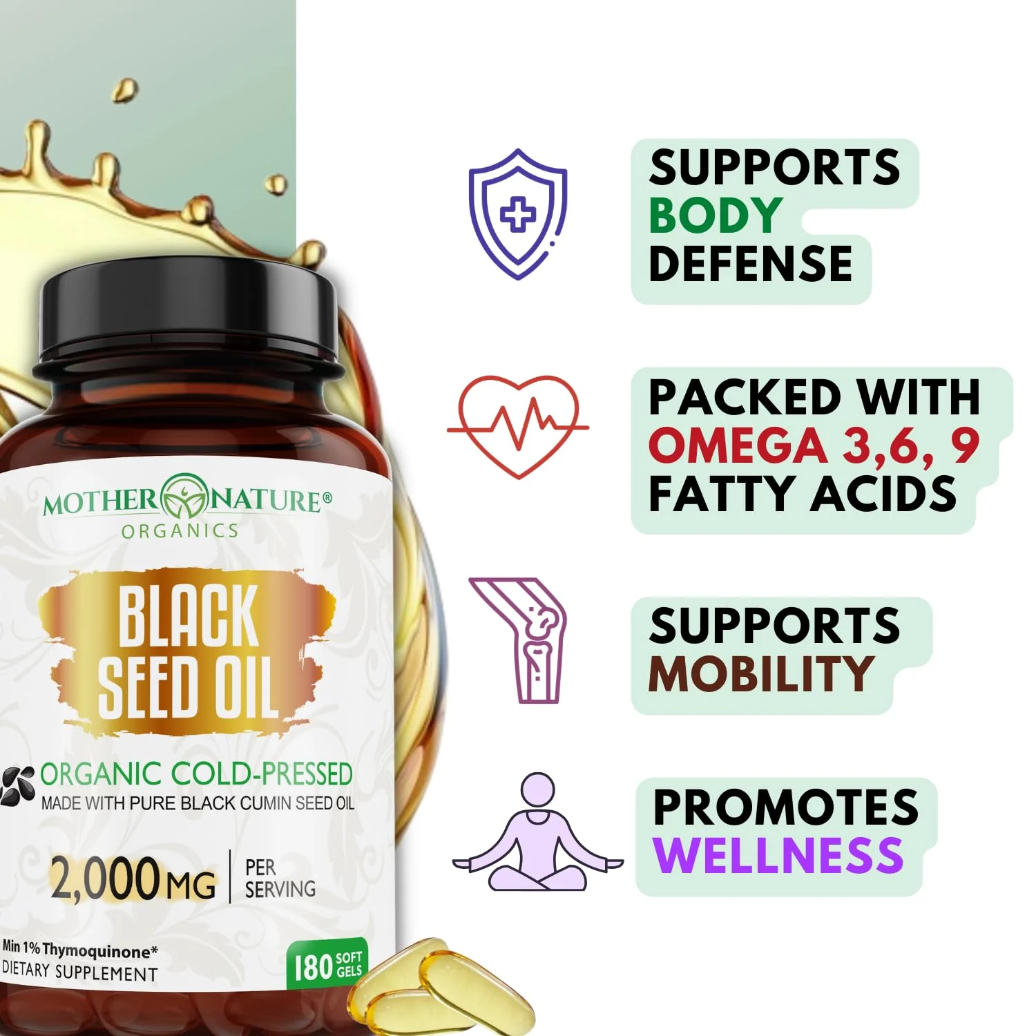 Black Seed Oil Capsules – Organic Cold Pressed Black Cumin Oil, High TQ Nigella Sativa, 1000mg per Capsule, 3 Month Supply - 180 Softgels - Image 4