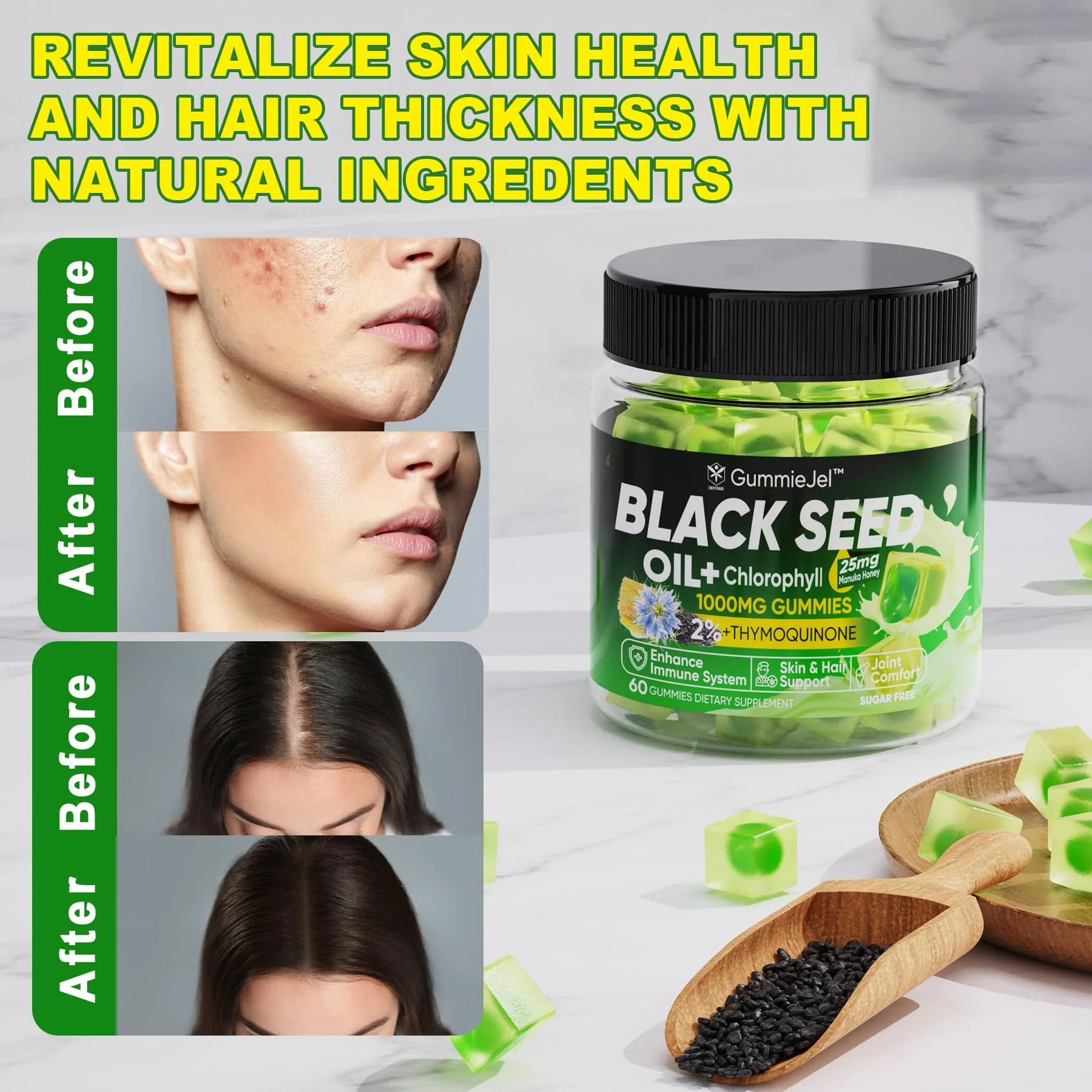 Black Seed Oil Gummies & Chlorophyll, Biotin 500mcg with Hydrolyzed Collagen, Raw Manuka Honey, Organic Cold Pressed - Ultimate Absorption for Skin, Hair & Nails, Digestive, Overall Health, 1 Pack - Image 3