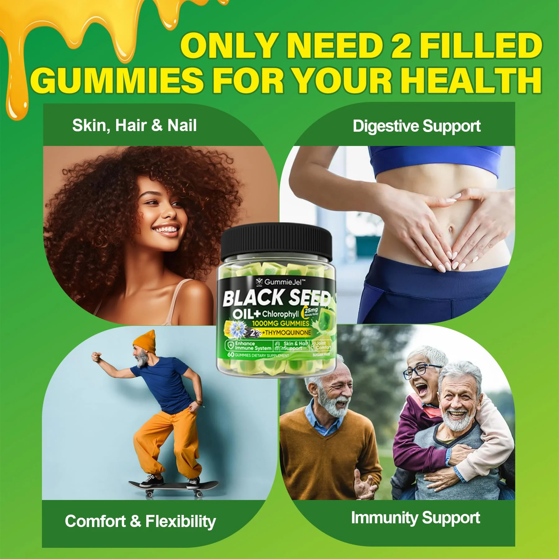 Black Seed Oil Gummies & Chlorophyll, Biotin 500mcg with Hydrolyzed Collagen, Raw Manuka Honey, Organic Cold Pressed - Ultimate Absorption for Skin, Hair & Nails, Digestive, Overall Health, 1 Pack - Image 4