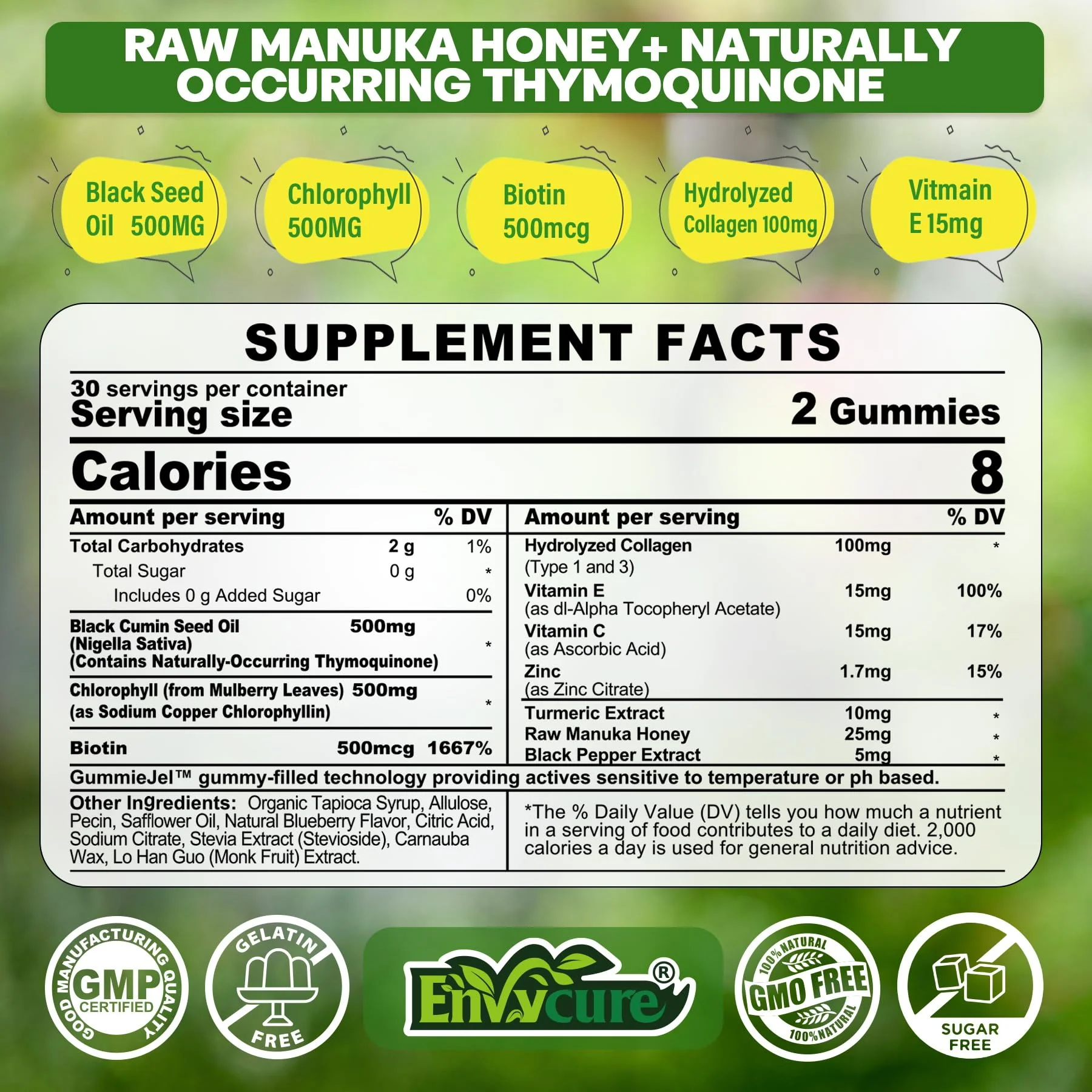 Black Seed Oil Gummies & Chlorophyll, Biotin 500mcg with Hydrolyzed Collagen, Raw Manuka Honey, Organic Cold Pressed - Ultimate Absorption for Skin, Hair & Nails, Digestive, Overall Health, 1 Pack - Image 7
