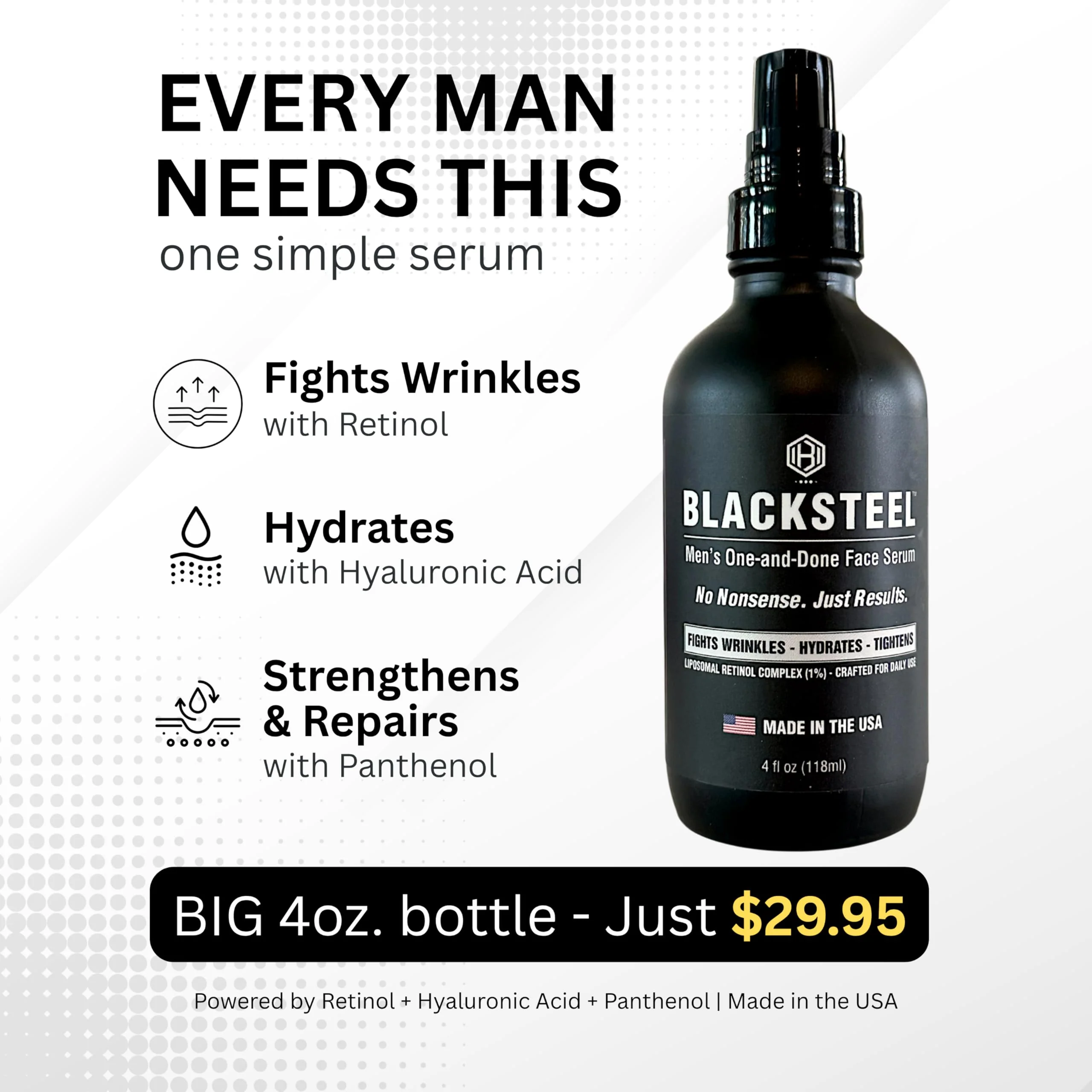 BLACKSTEEL Men’s Anti-Aging Face Serum with Retinol & Hyaluronic Acid | 4 oz (2-Pack) - Image 3