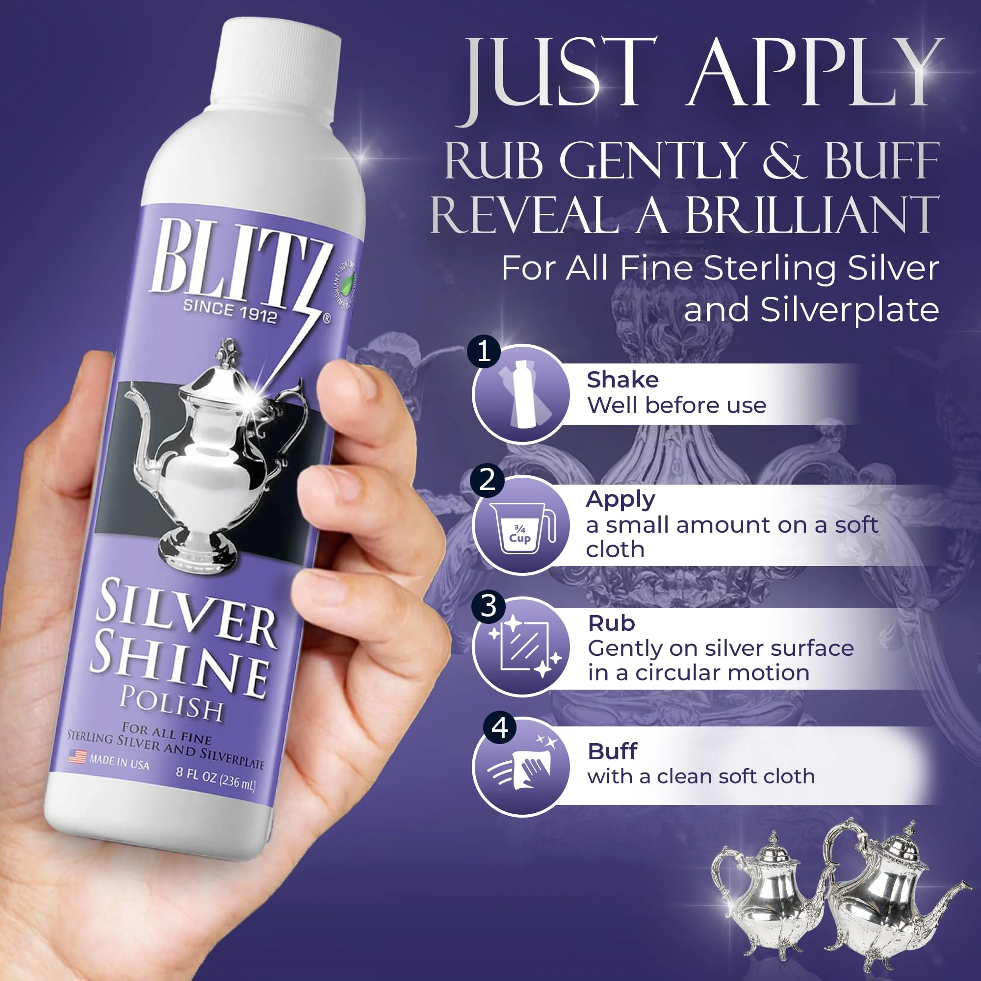 Blitz Silver Shine Polish Liquid Silver Polish for Sterling and Silverplate Jewelry, Dishes, Flatware, Fixtures, & Decor Non-Toxic, Non-Abrasive, & Planet Friendly Made in The USA 8oz Pack of 2 - Image 4