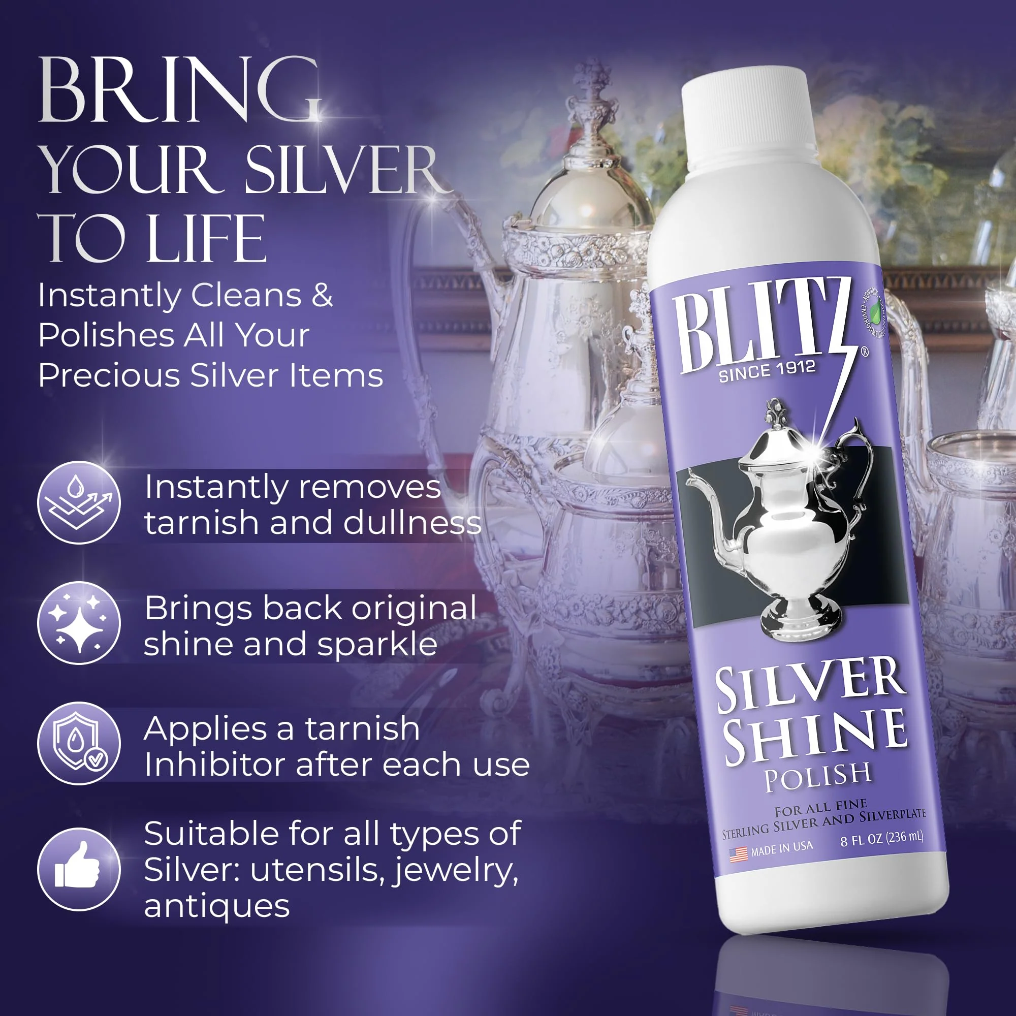 Blitz Silver Shine Polish Liquid Silver Polish for Sterling and Silverplate Jewelry, Dishes, Flatware, Fixtures, & Decor Non-Toxic, Non-Abrasive, & Planet Friendly Made in The USA 8oz Pack of 2 - Image 5