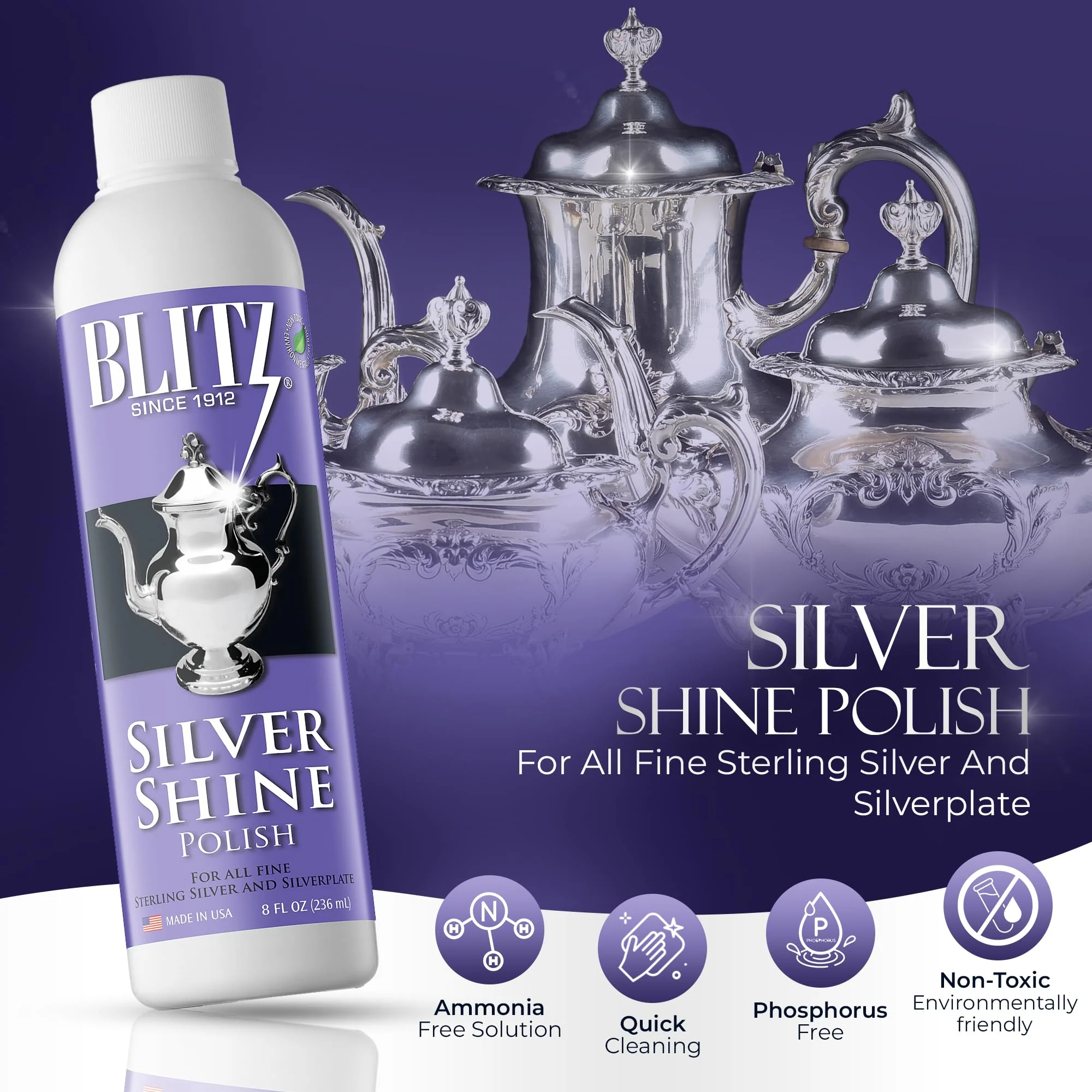 Blitz Silver Shine Polish Liquid Silver Polish for Sterling and Silverplate Jewelry, Dishes, Flatware, Fixtures, & Decor Non-Toxic, Non-Abrasive, & Planet Friendly Made in The USA 8oz Pack of 2 - Image 7