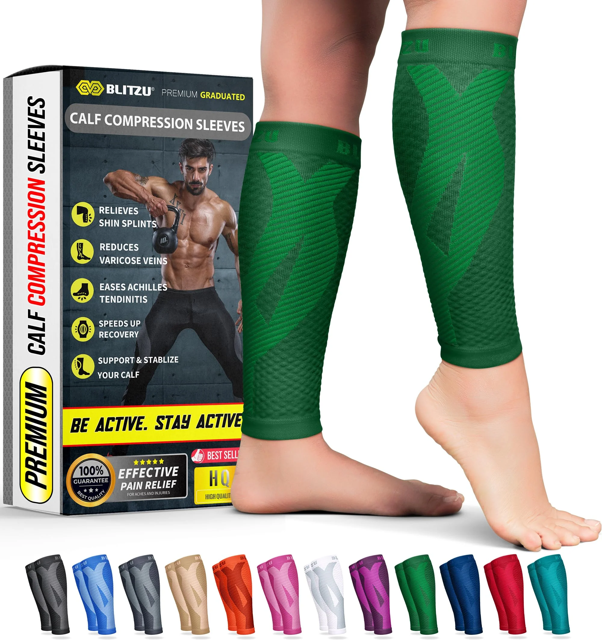 BLITZU Calf Compression Sleeves for Men and Women. Footless Compression Socks Support for Varicose Vein, Nursing, Running. Leg Sleeve Brace for Shin Splints, Pain Relief & Reduces Swelling Green L-XL