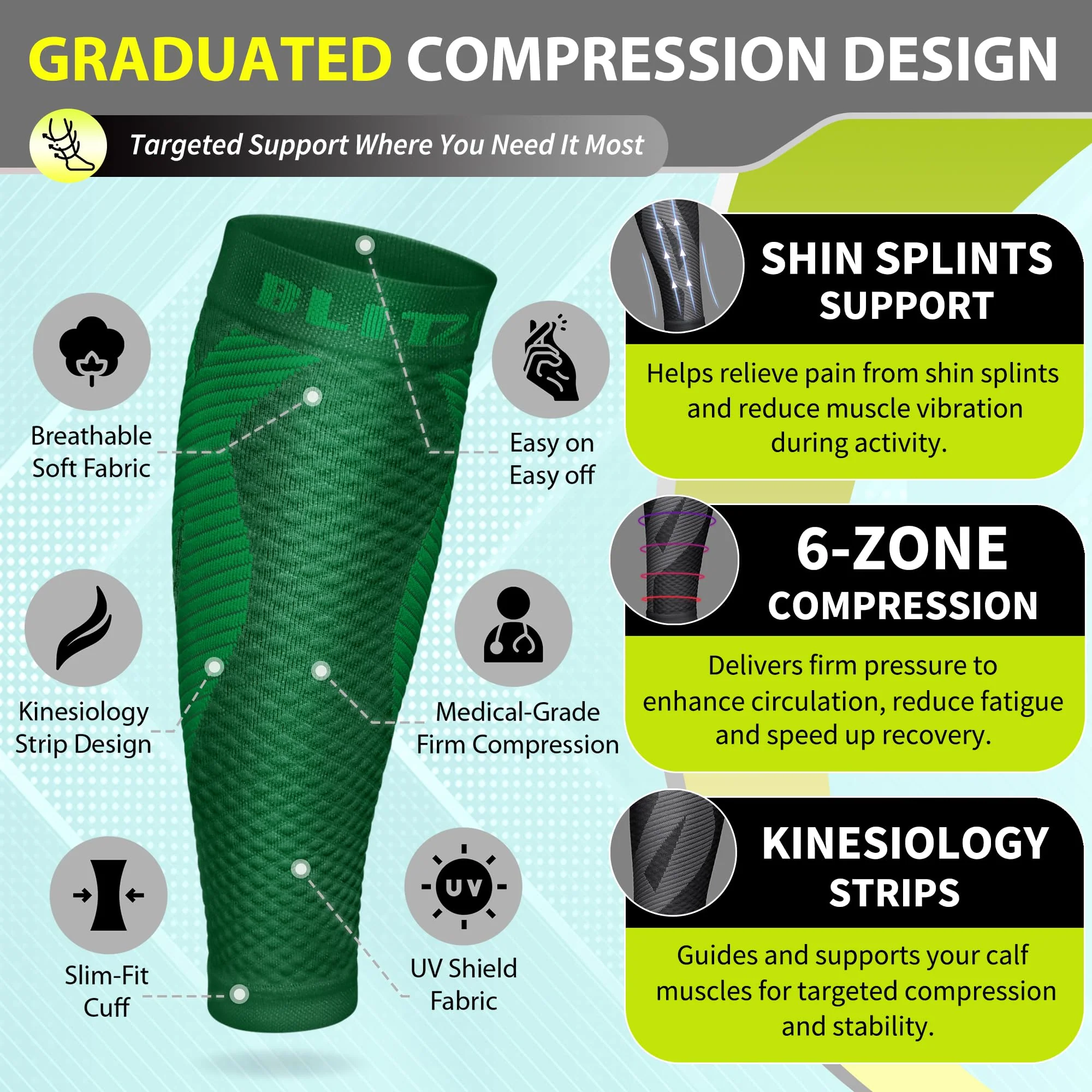 BLITZU Calf Compression Sleeves for Men and Women. Footless Compression Socks Support for Varicose Vein, Nursing, Running. Leg Sleeve Brace for Shin Splints, Pain Relief & Reduces Swelling Green L-XL - Image 3