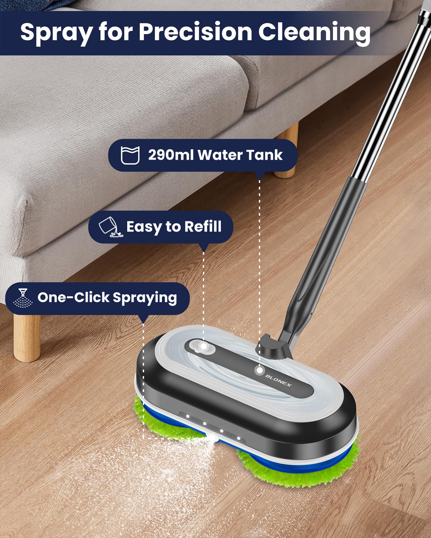Blonex Cordless Electric Mop, Electric Spin Floor Mop with LED Headlights & Water Sprayer, Long-Lasting Battery, Large 290ml Tank, Self-Propelled Floor Cleaner with Adjustable Tube for All Floors - Image 3