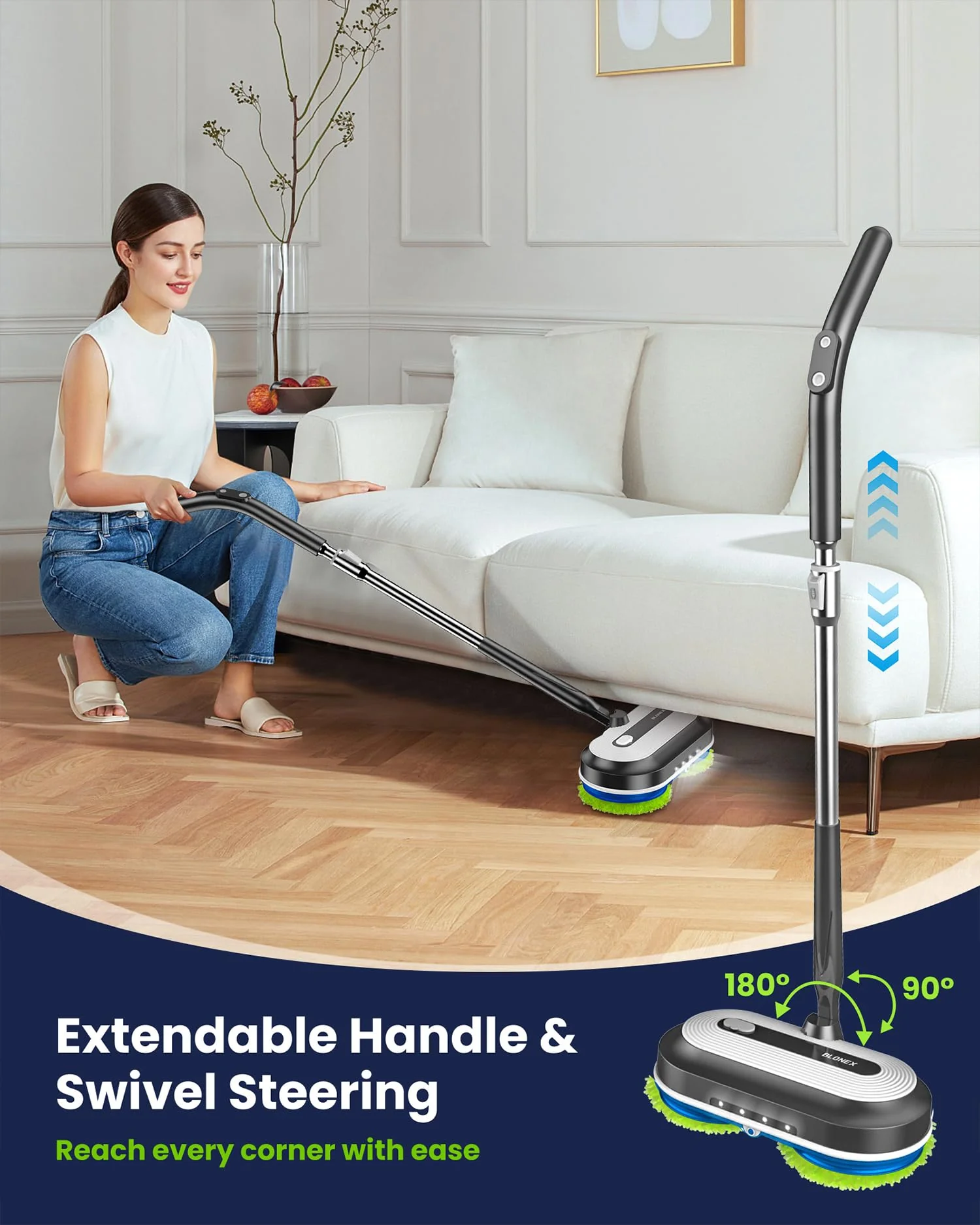Blonex Cordless Electric Mop, Electric Spin Floor Mop with LED Headlights & Water Sprayer, Long-Lasting Battery, Large 290ml Tank, Self-Propelled Floor Cleaner with Adjustable Tube for All Floors - Image 6