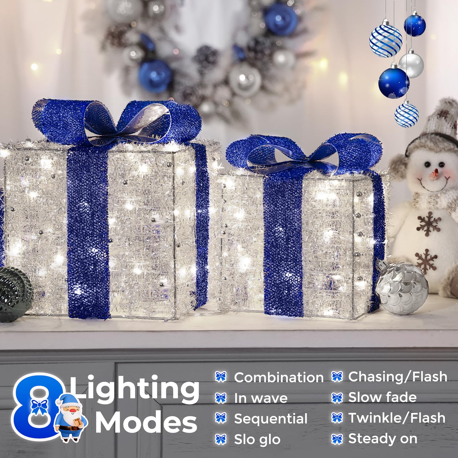 Blue Christmas Decorations, Christmas Lighted Gift Boxes 140 LEDs Light Up Presents Christmas Decor, 8 Modes & Timer Function Plug-in Set of 3 Lighted Christmas Boxes for Xmas Holiday Indoor Outdoor - Image 3